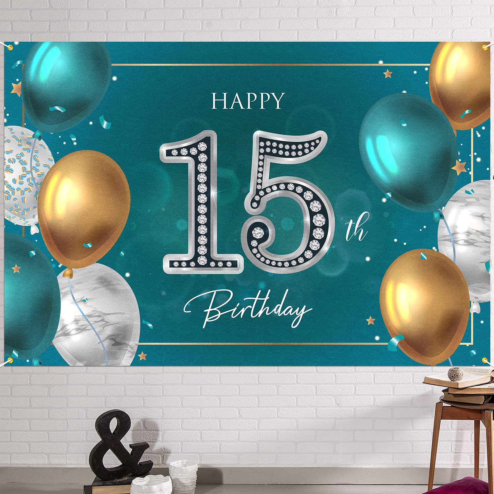 Hamigar 6X4Ft Happy 15Th Birthday Banner Backdrop   15 Years Old Birthday Decorations Party Supplies For Girls Boys   Green Silv