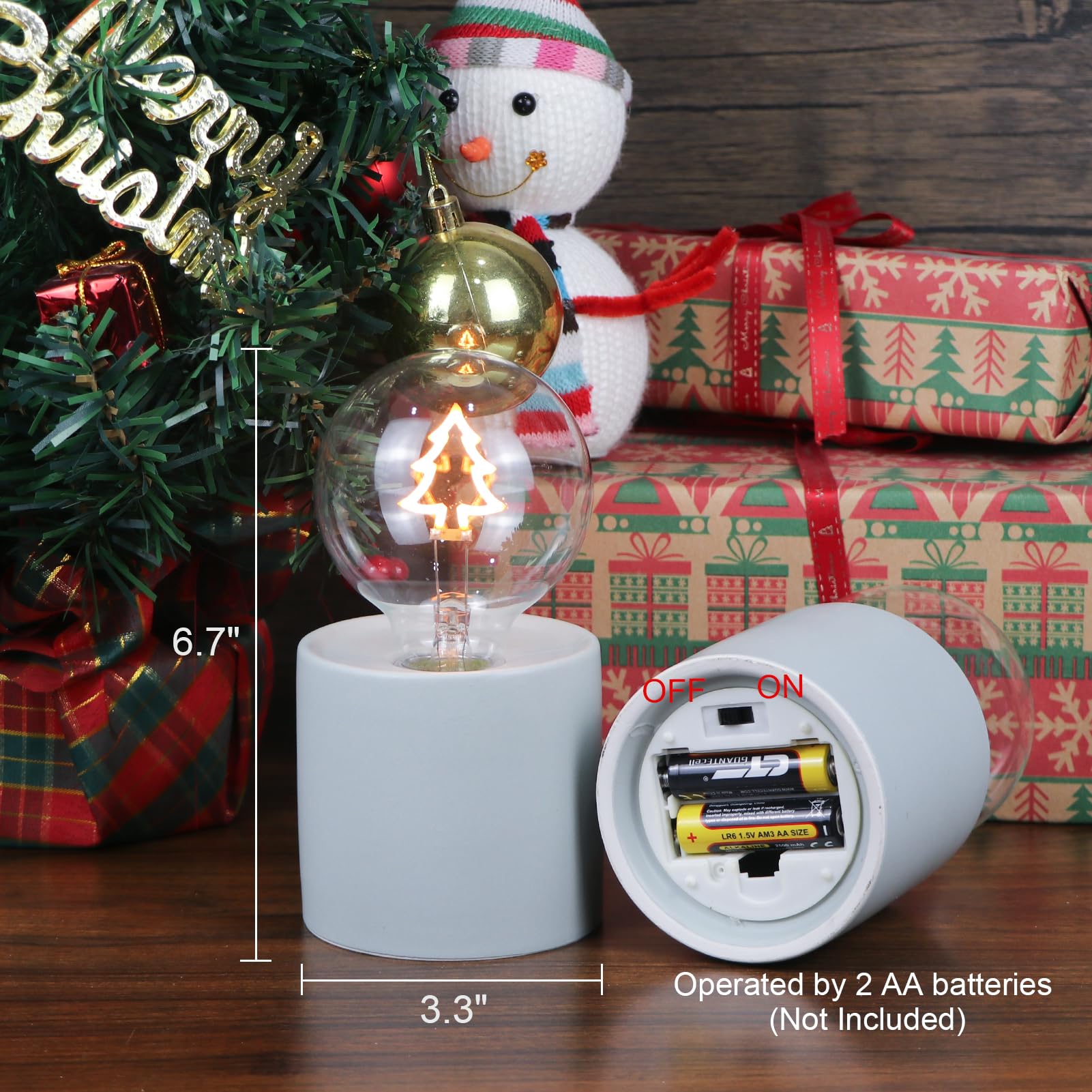 Wondise Christmas Night Light Glass Globe With Ceramic Base Battery Operated Warm Yellow Light Led Lamp For Home Table Centerpie
