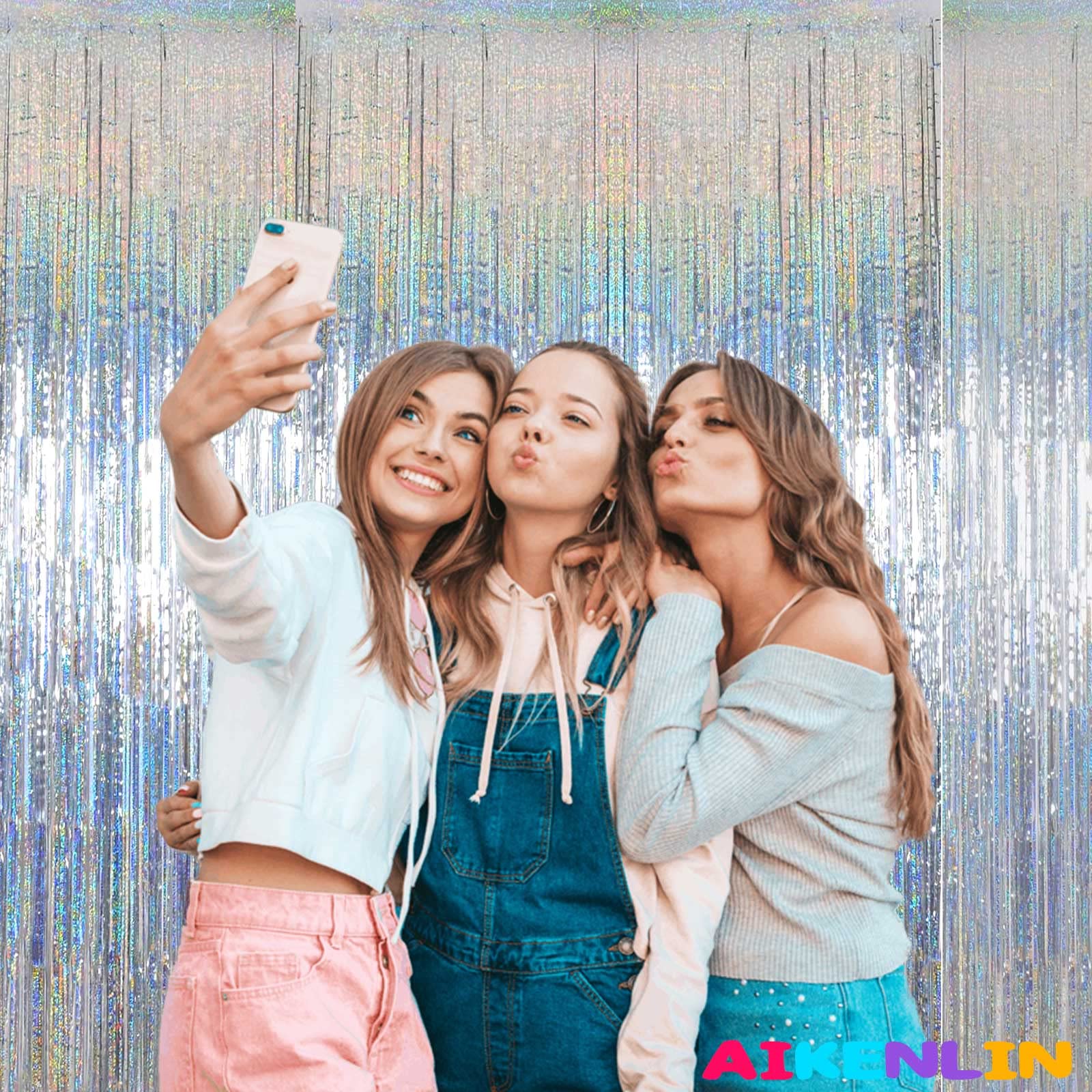 4 Pack 3.2Ft X 8.2Ft Silver Foil Fringe Curtain Backdrop, Metallic Tinsel Foil Fringe Streamers Curtains Background For Photo Bo