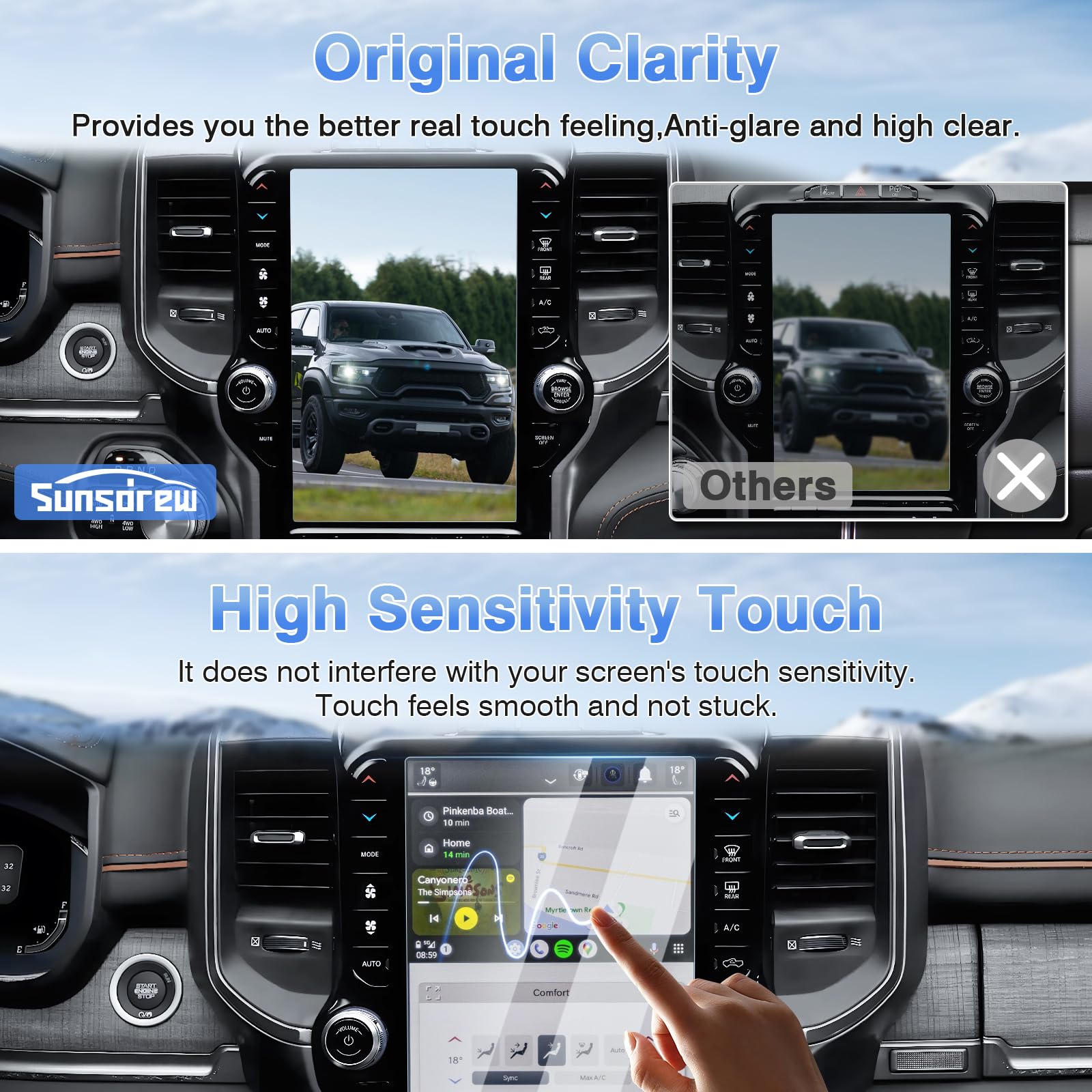 Sunsdrew 2Pcs Ram Screen Protector For 2019 2024 Dodge Ram 1500 2500 3500 Accessories Trx Rebel Laramie Limited Uconnect,12 Inch Touchscreen Protector 9H Tempered Glass Anti Glare Hd Clear