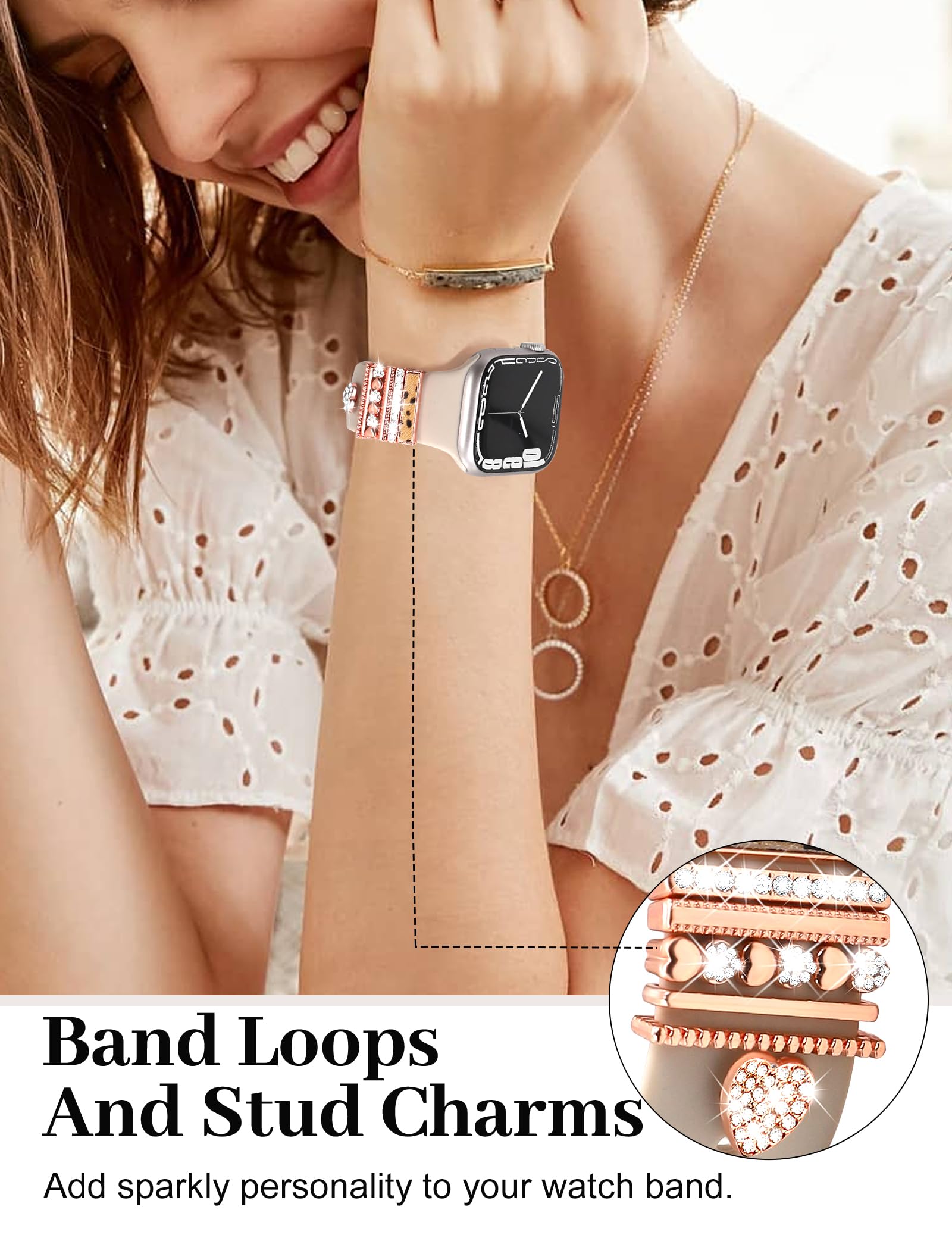 Jr.Dm Watch Band Charms With Decorative Bling Rings Loops, Compatible With Apple Watch 40Mm 38Mm 41Mm 42Mm 44Mm 45Mm Smart Watch