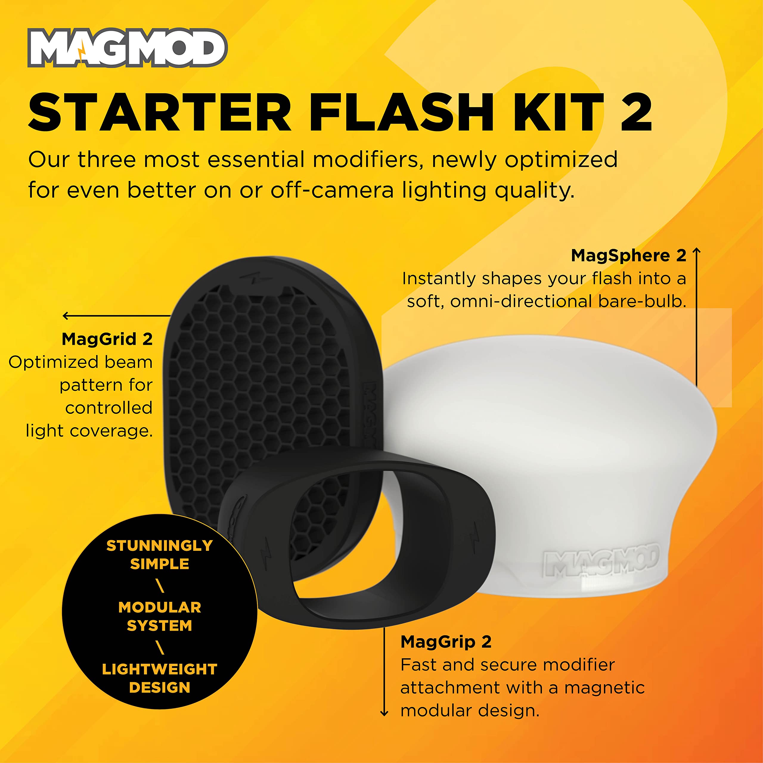 Magmod Starter Flash Kit 2 | Camera Speedlight Flash Diffuser | Magnetic Light Modifier Attachments | Lightweight Magmod Modifiers: Maggrip 2, Magsphere 2, Maggrid 2 | Superior Light Control