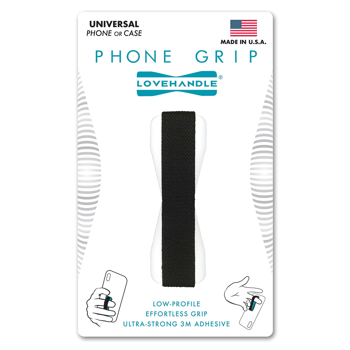 Lovehandle Universal Phone Grip For Smartphones & Mini Tablets   Phone Holder For Hand   Wireless Charging Compatible   Made In The Usa   Black Elastic Strap With White Base