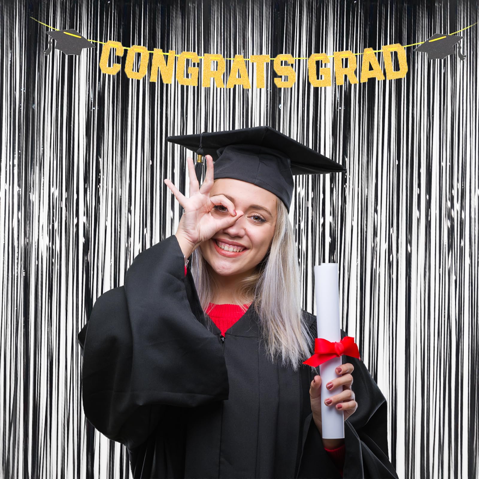 Melsan Black Fringe Curtains Party Decoration, 3.2 X 8Ft Black Tinsel Photo Streamer Backdrop For Birthday/Graduation/Halloween/