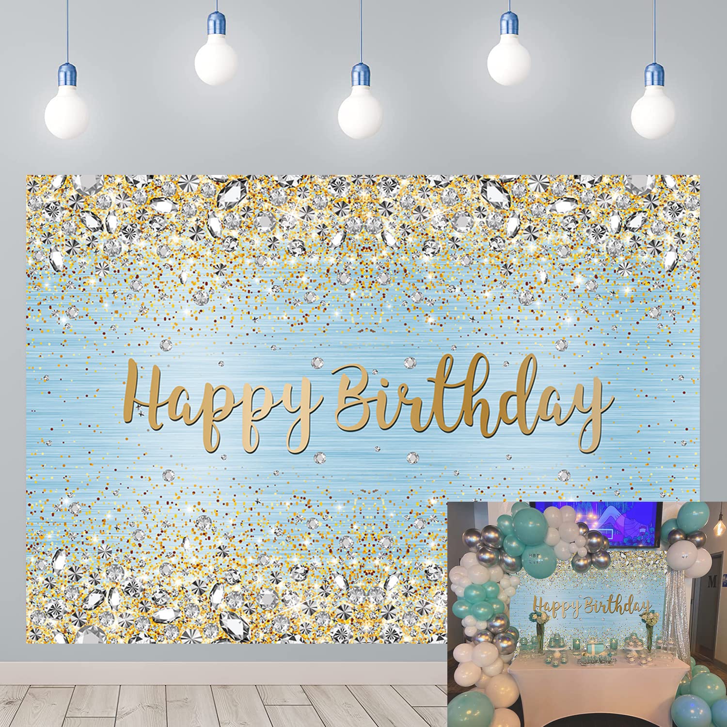 Wda Blue Happy Birthday Backdrop Golden Diamond Shiny Bokeh Photography Background Sweet Girl Party Photo Decoration Banner Dess