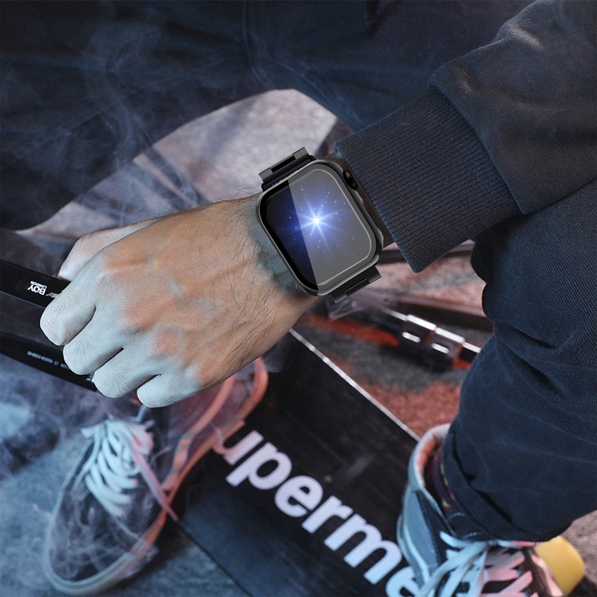 Bekomo 3 Pack Stainless Steel Apple Watch Bands With 2 Pack Tempered Glass Screen Protectors For Series 9, 8, 7, 6, 5, 4, 3, 2,