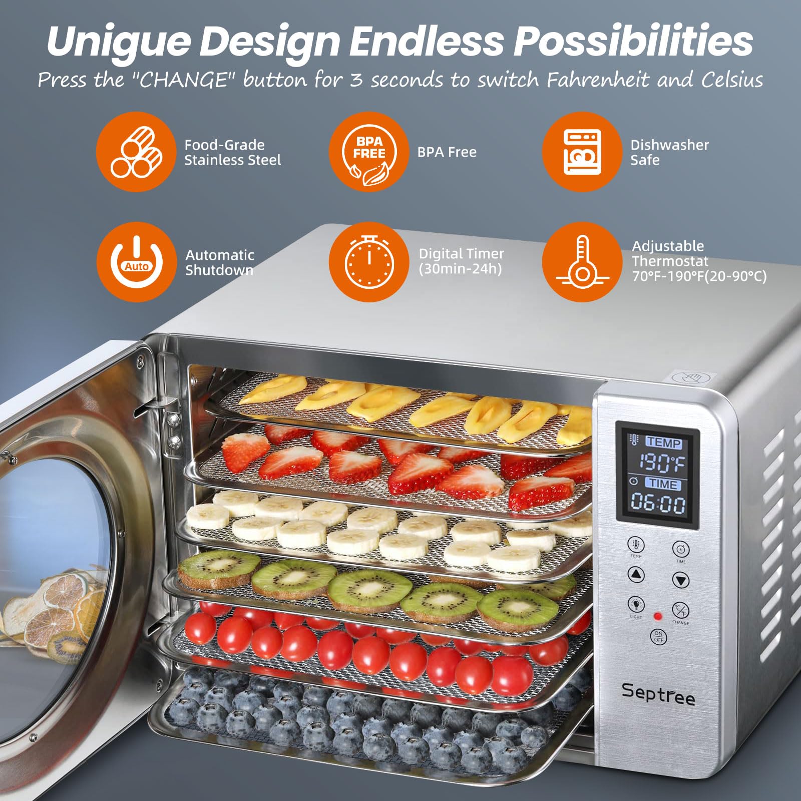 Septree 6 Trays Food Dehydrator, 500W Stainless Steel Meat Dehydrator For Jerky, Fruit Dryer Machine With 190? Temperature Control Adjustable Timer, For Herbs Vegetables Yogurt& Dog Treats, Silver