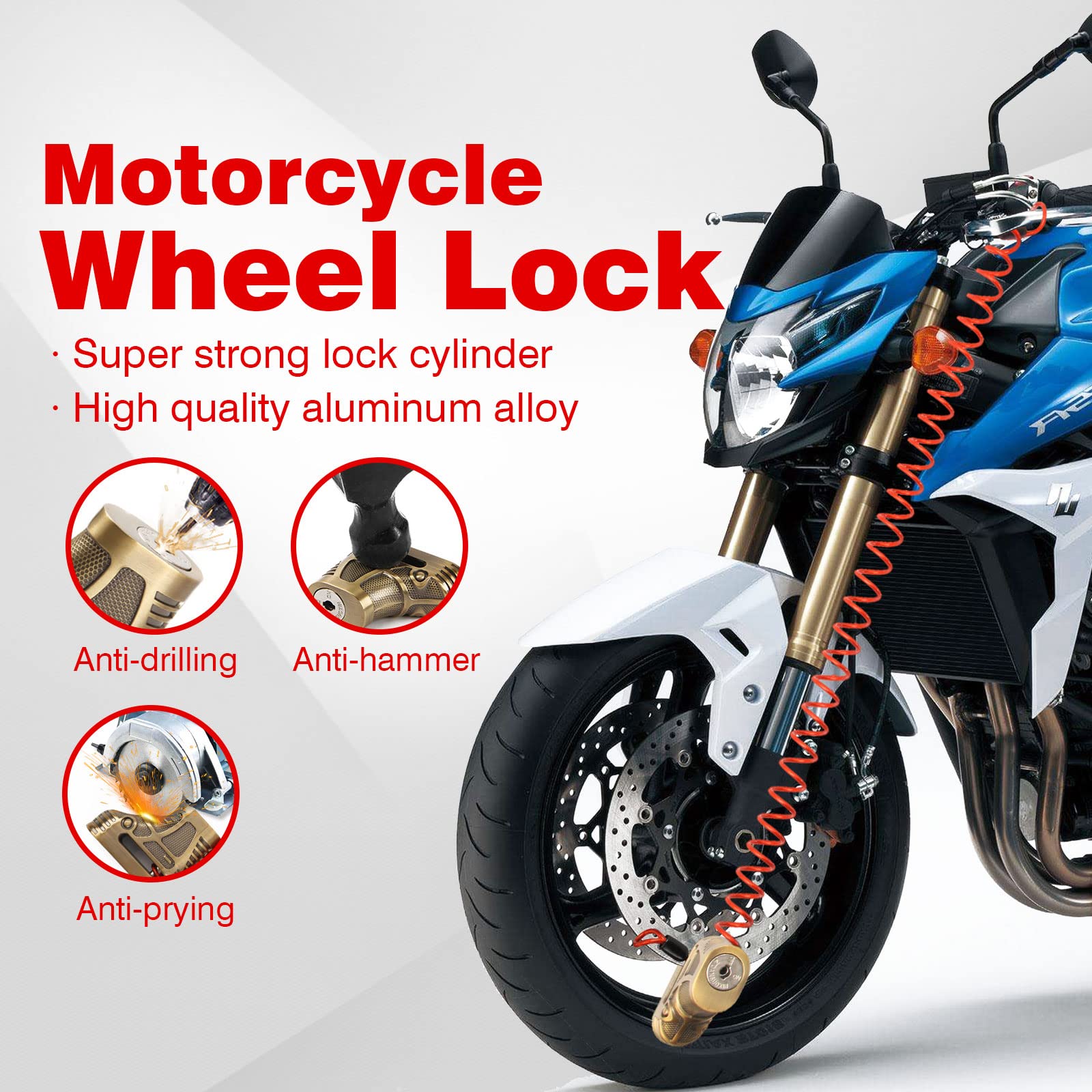 Opsoopi Motorcycle Lock, Motorcycle Locks Anti Theft Waterproof Disc Brake Lock For Motorcycles Wheel Lock Scooter Dirt Bike Wit