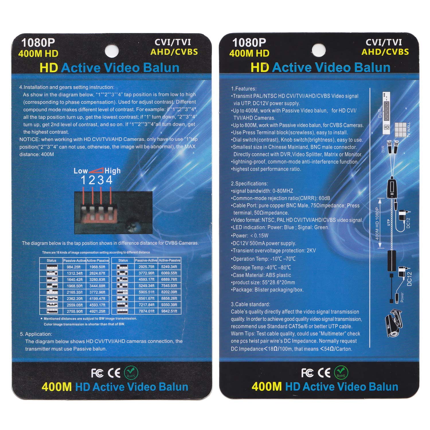 Xenocam Mini Cctv Bnc Hd Cvi/Tvi/Ahd/Cvbs Hd Active Video Balun Receiver Power Connector (1080P 400M) 5Mp Hd Cvi/Tvi/Ahd Video B