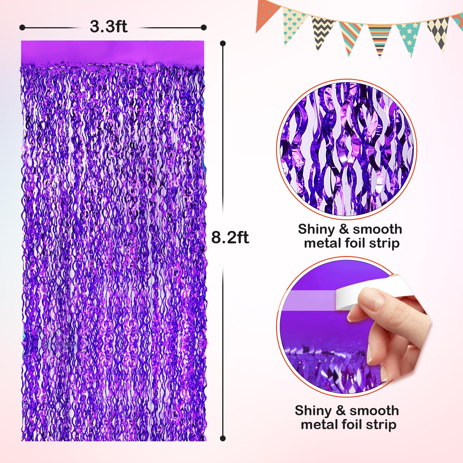 Wavy Purple Metallic Tinsel Foil Fringe Curtains, 2 Pack 3.3X8.3 Feet Party Streamer For Birthday Party Decorations, Halloween D