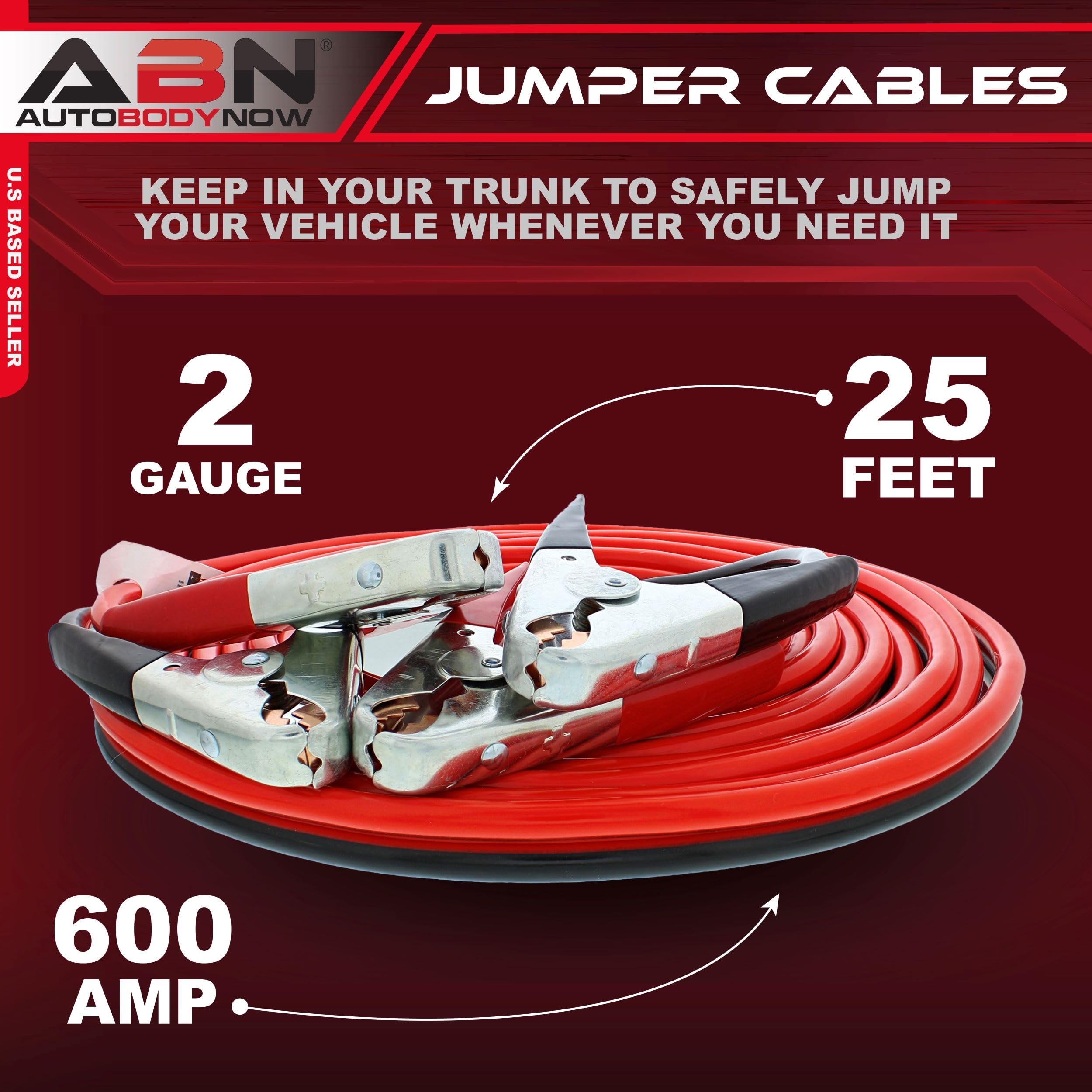 Abn Jumper Cables, 25Ft Long, 2 Gauge, 600 Amp   Commercial Automotive Vehicle Booster Cables   Motorcycle Car Atv