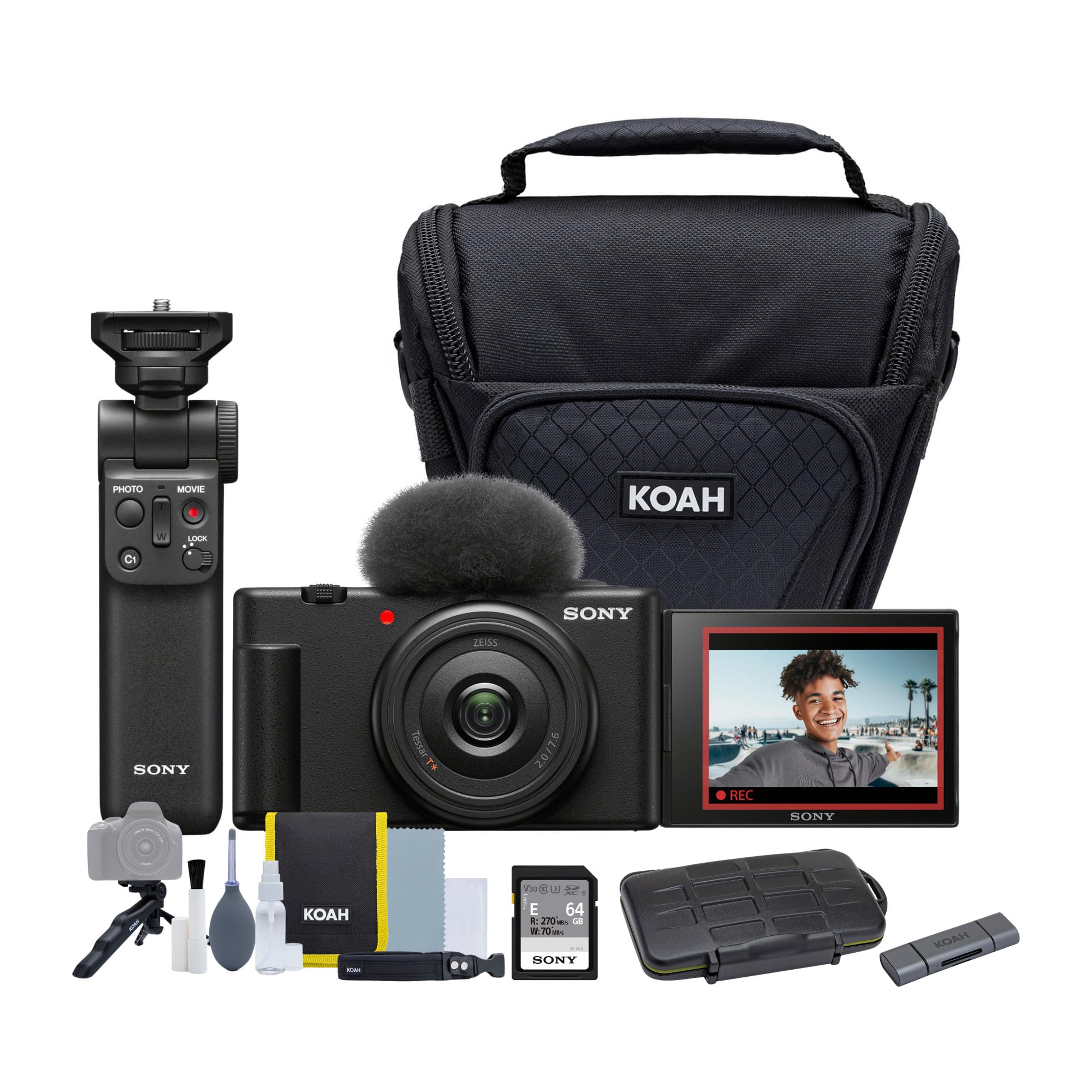 Sony ZV-1F Vlog Camera for Content Creators and Vloggers (Black) Bundle with ACCVC1 Vlogger Accessory Kit, Holster Camera Case, 