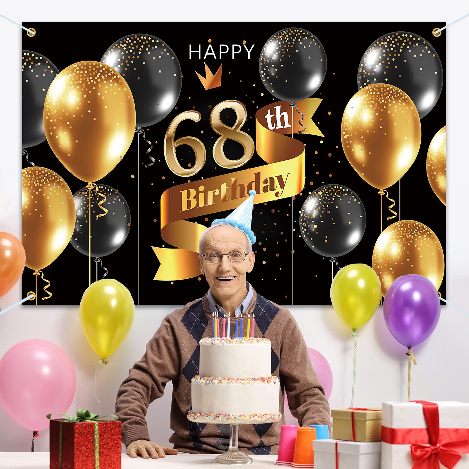 Pakboom Happy 68Th Birthday Backdrop Banner   68 Birthday Party Decorations Supplies For Men   Black Gold 3.9 X 5.9Ft