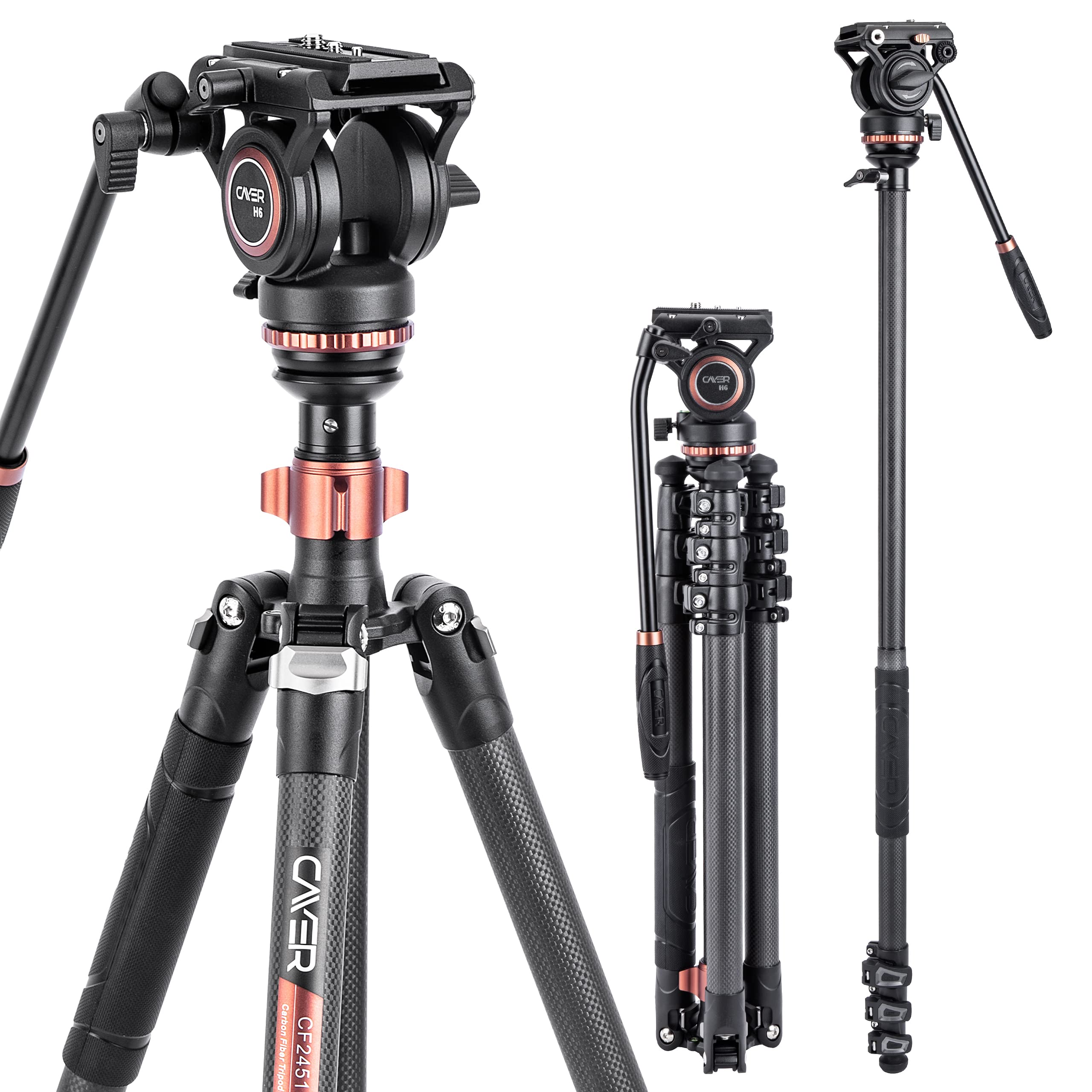 Cayer Cf2451 Video Tripod 75 Inches Carbon Fiber Tripod Leg With Fluid Drag Head, 4 Section Compact Dslr Tripod Convertible To M