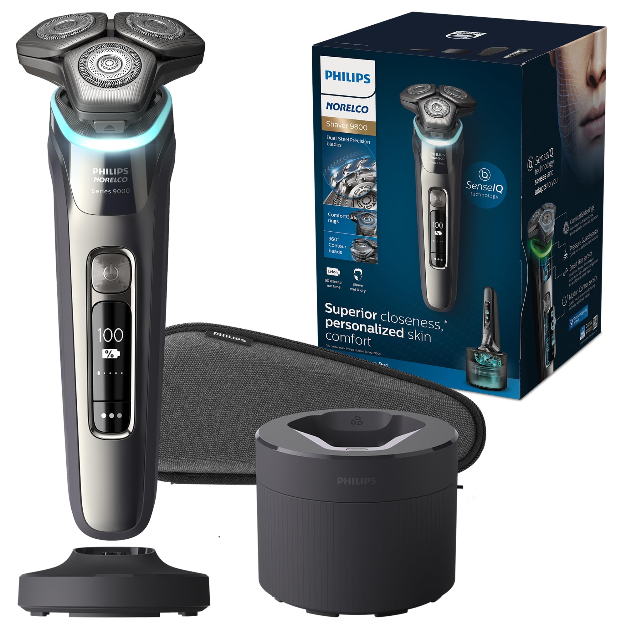 Philips Norelco Electric Shaver 9800, Rotary Shaver With Pressure Sensor, Travel Case, Quick Clean Pod, Pop Up Trimmer And Charg