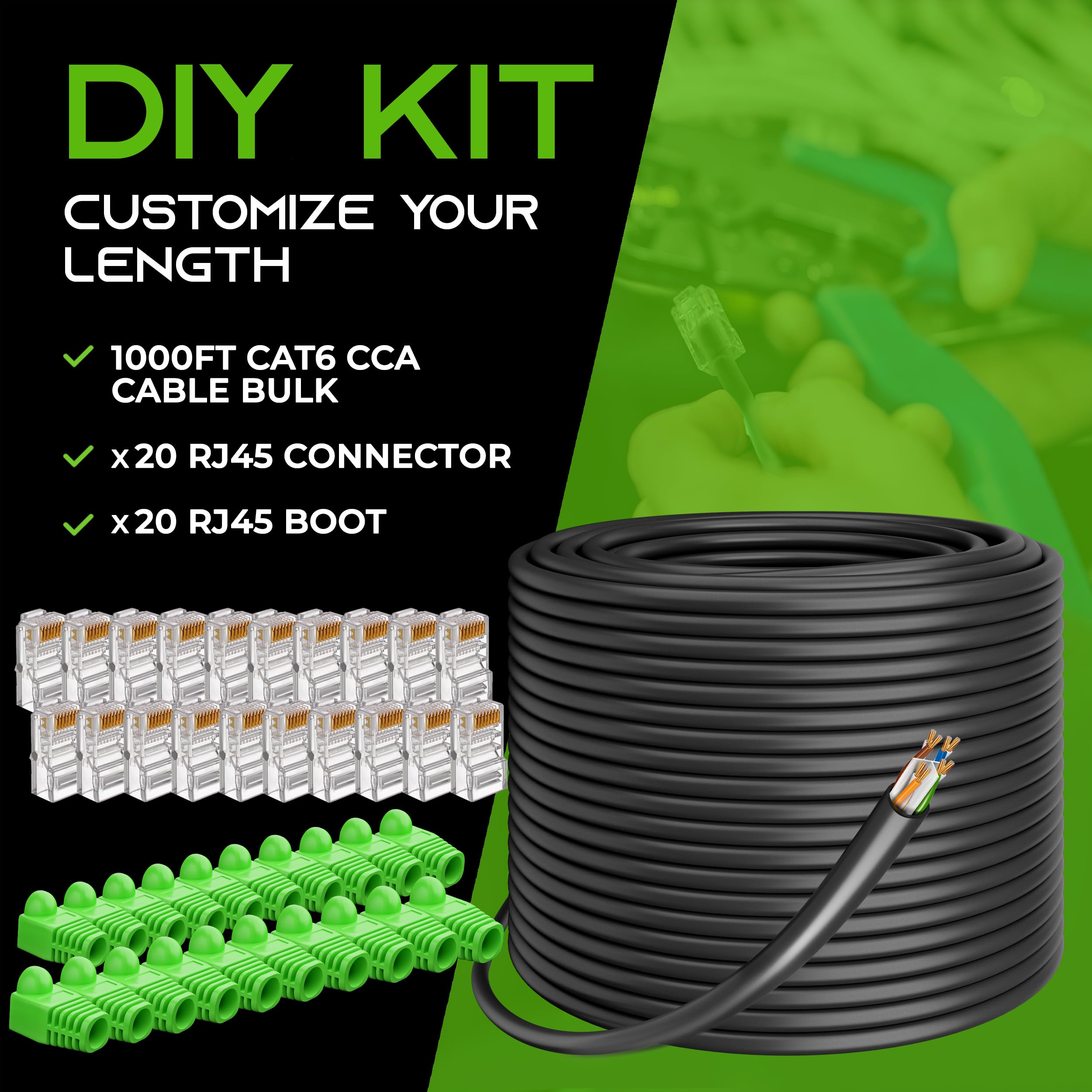 Gearit Rj45 Cat 6 Ethernet Patch Cable, Diy Bulk Kit (20 Rj45 & 20 Boot), 10Gpb Transfer Speed, Gold Plated Connector, Copper Cl