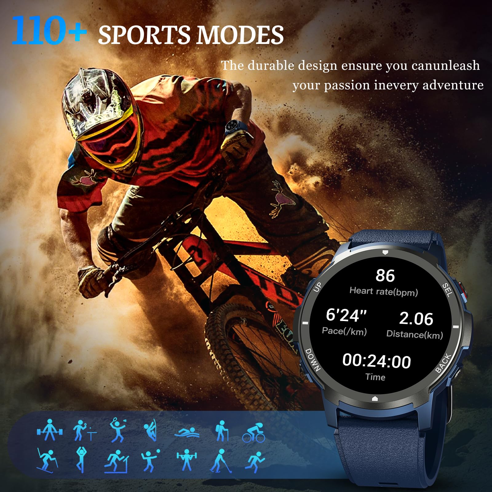 Smart Watch, 2025 Military Waterproof Fitness Sleep Tracker Watch With 110 Ports Modes, Smartwatch For Samsung Android Iphone Io