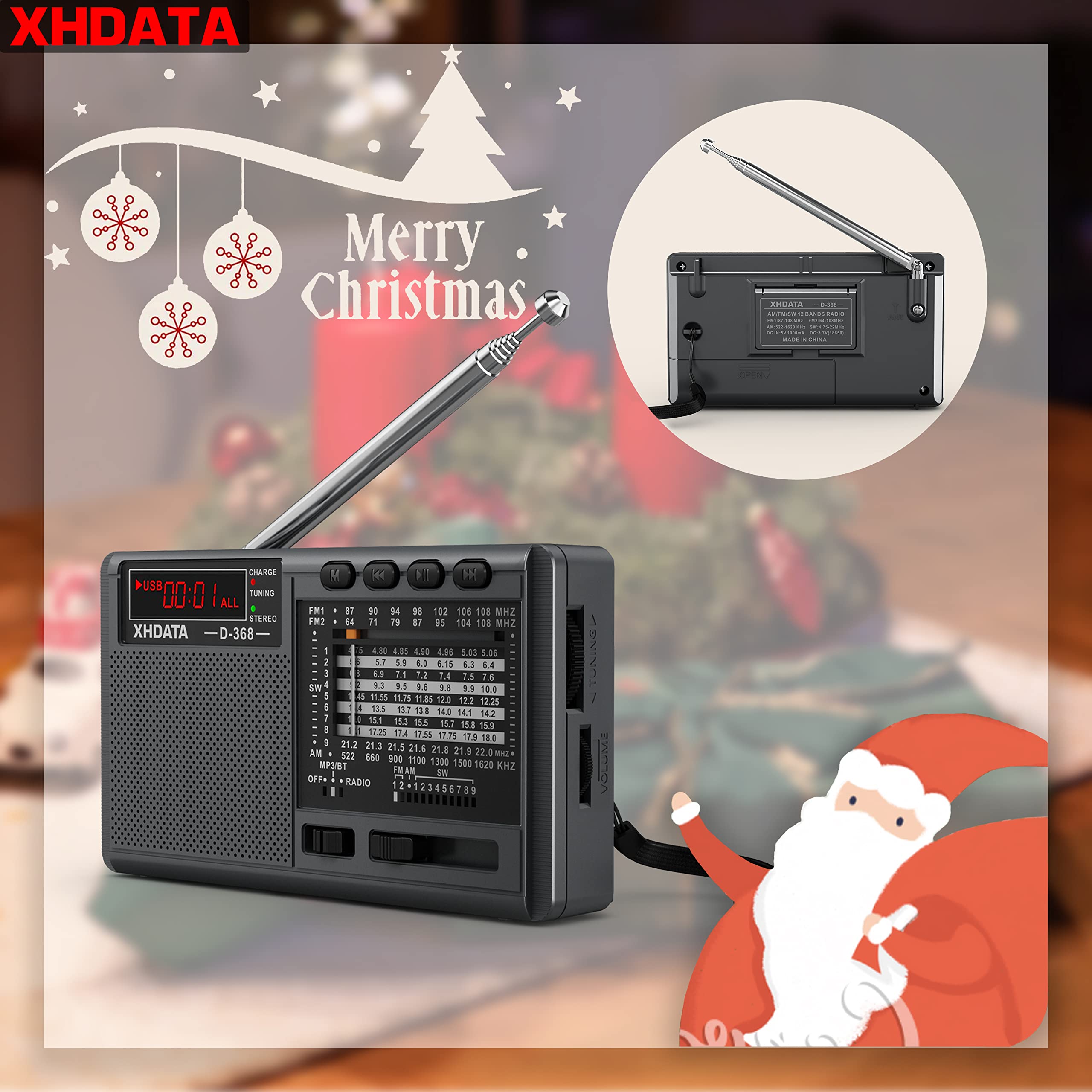 Xhdata D368 Shortwave Am Fm 12 Band Dsp Stereo Portable Radio Mp3 Player Wireless Bt Speaker With Rechargeable Battery Multimedi