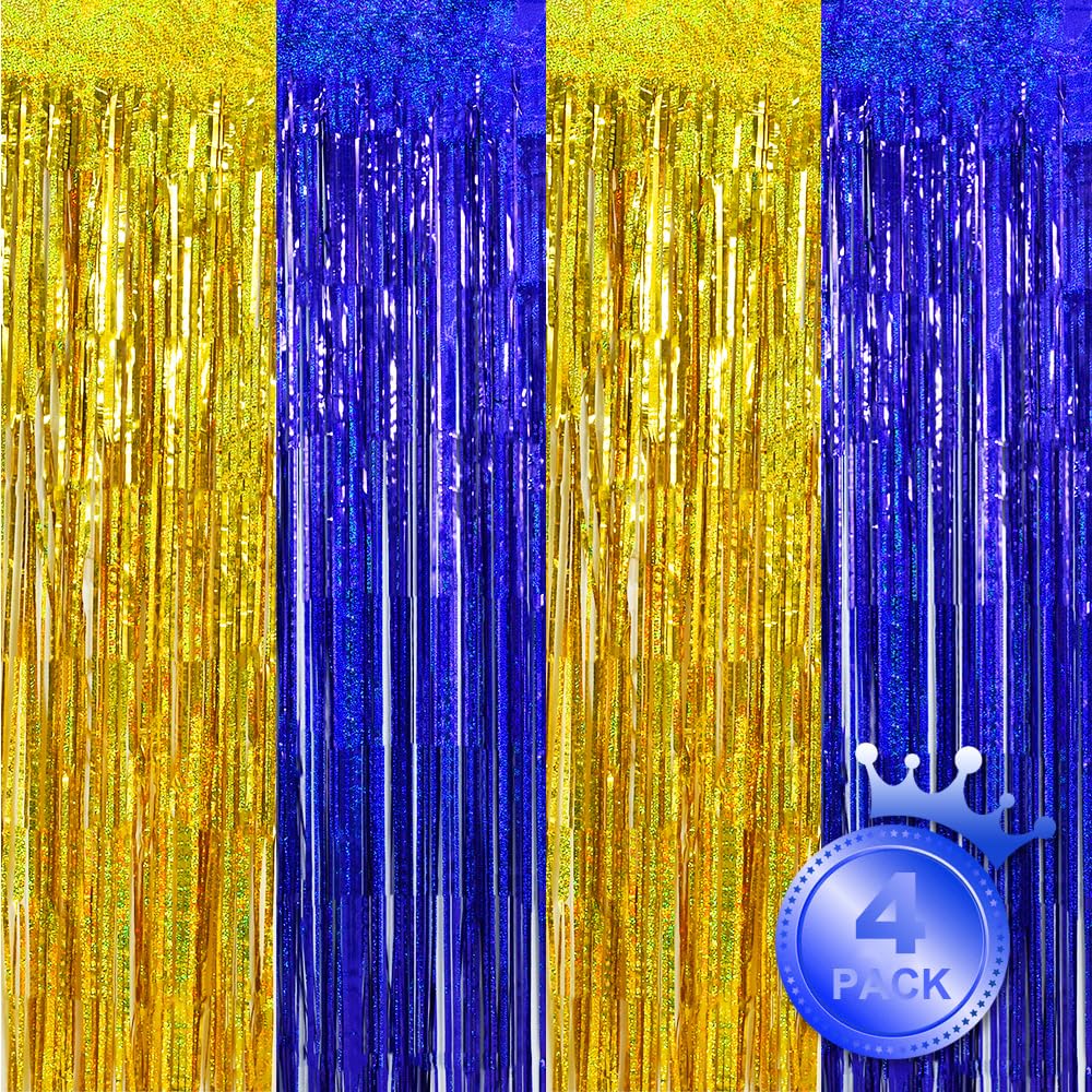 Beishida 4 Pcs Blue And Gold Party Streamers Fringe Foil Curtain Backdrop Tinsel Background Party Decoration For Door Wall Gradu