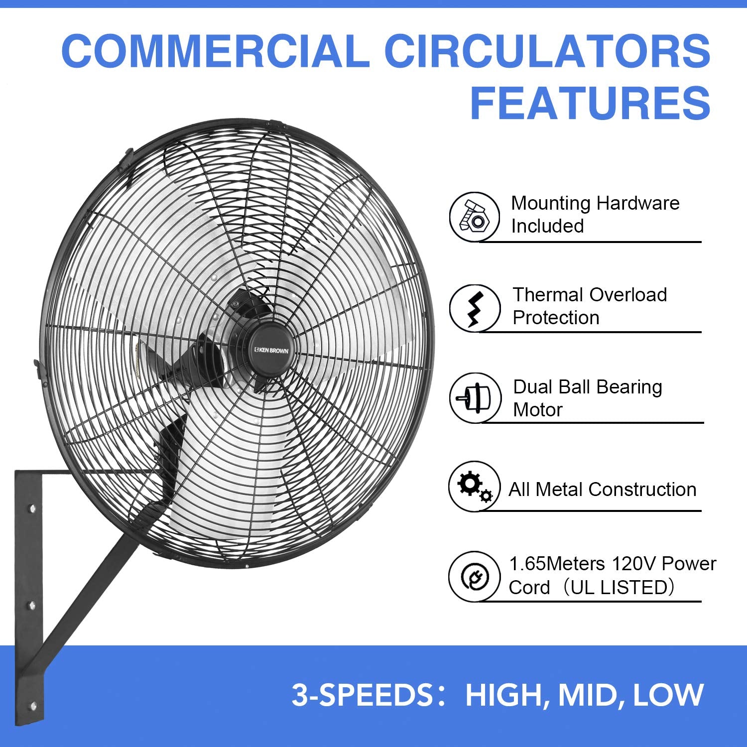 Ken Brown 20 Inch Industrial Oscillating Wall Mount Fan 5500Cfm,Heavy Duty,High Velocity,3  Speed,Black
