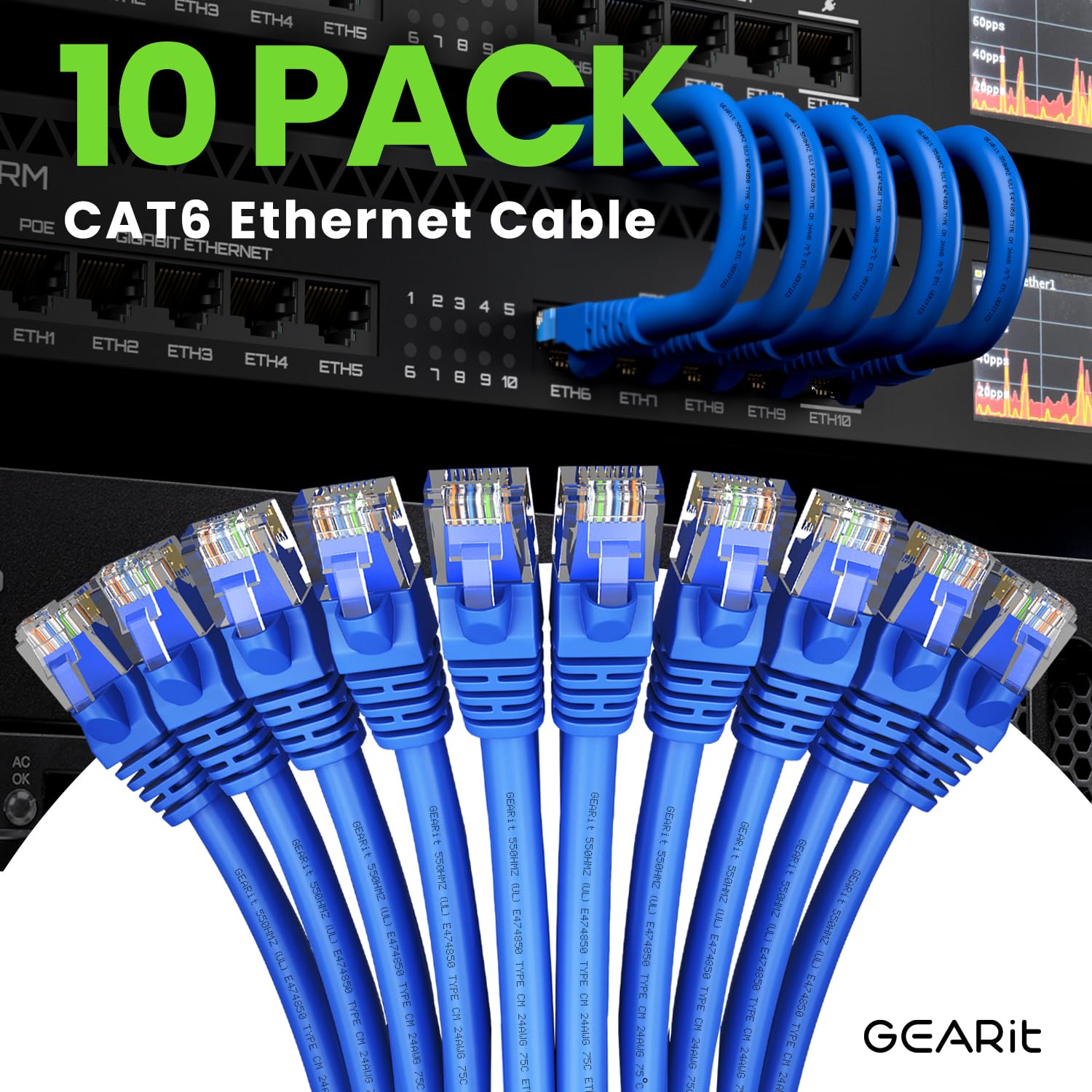 Gearit Cat 6 Ethernet Cable 4 Ft (10 Pack)   Cat6 Patch Cable, Cat 6 Patch Cable, Cat6 Cable, Cat 6 Cable, Cat6 Ethernet Cable,
