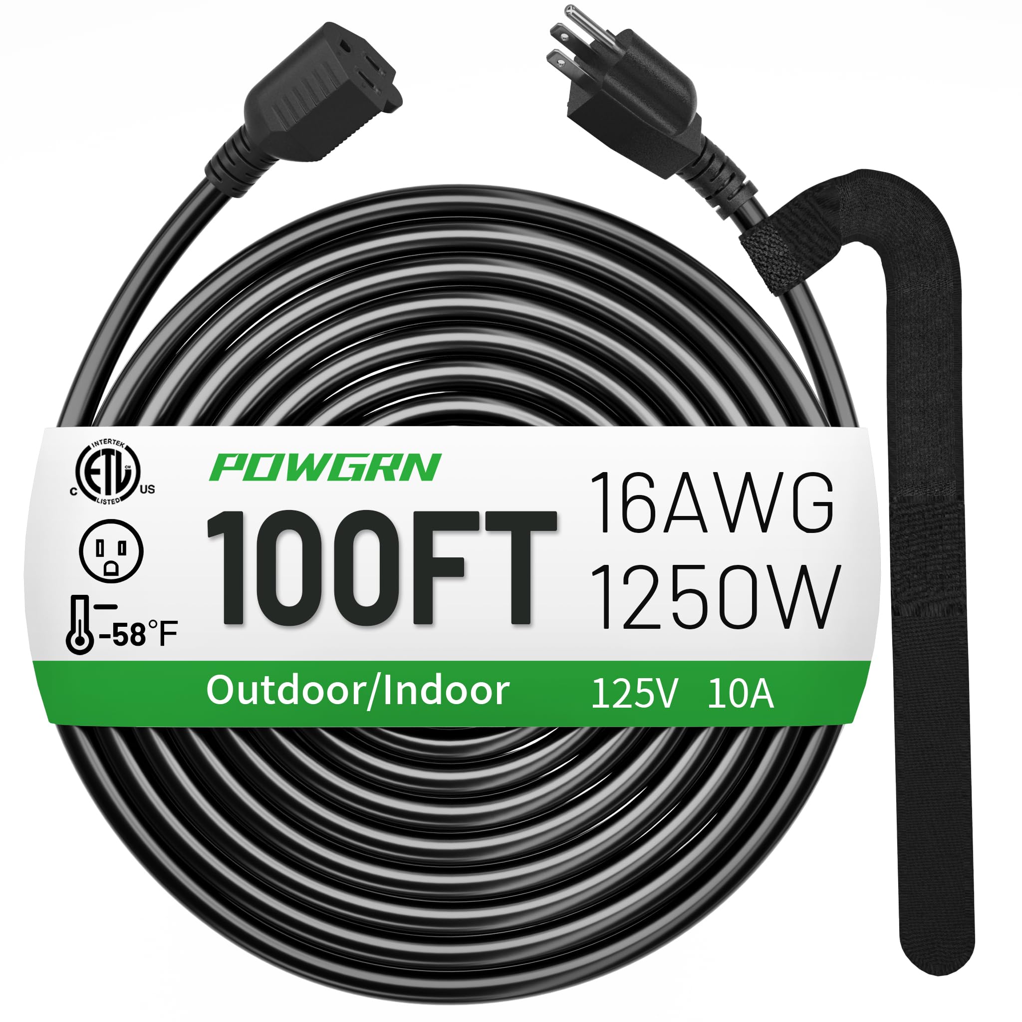 Powgrn 100 Ft 16/3 Black Indoor Outdoor Extension Cord Waterproof, 3 Prong Flexblie Sjtw Cold Weatherproof  50?C Appliance Exten
