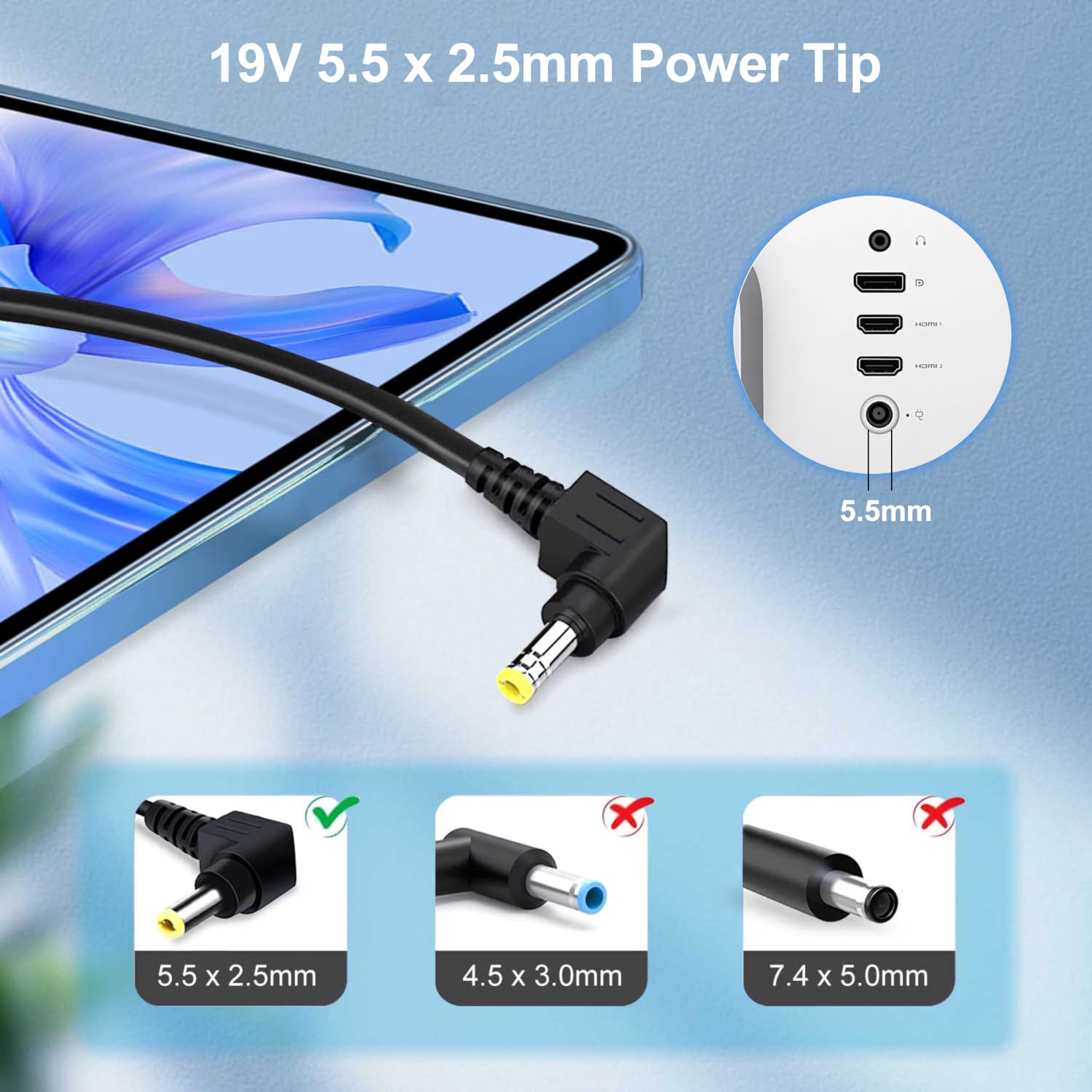 Dongni 19V Ac Adapter Power Cord For Hp Monitor 27'' 25'' 23.8'' 23'' 21.5'' 20'' 27F 27Er 27Es 23Es 24F 25Er 27Xi 27Bw 22Bw 23E