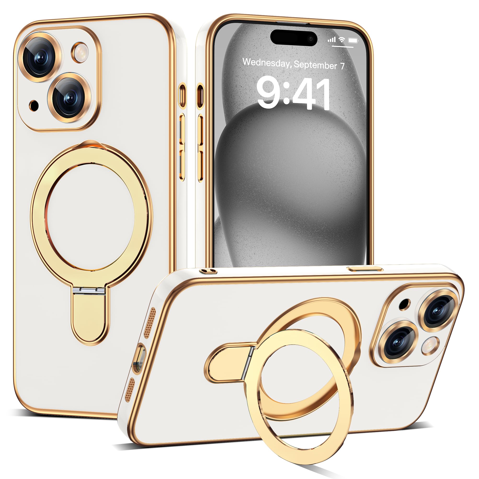 ETPESOK Compatible with iPhone 15 Plus Case with Magnetic Ring Stand [Compatible with Mag-Safe] [Full Camera Lens Protector] Sof