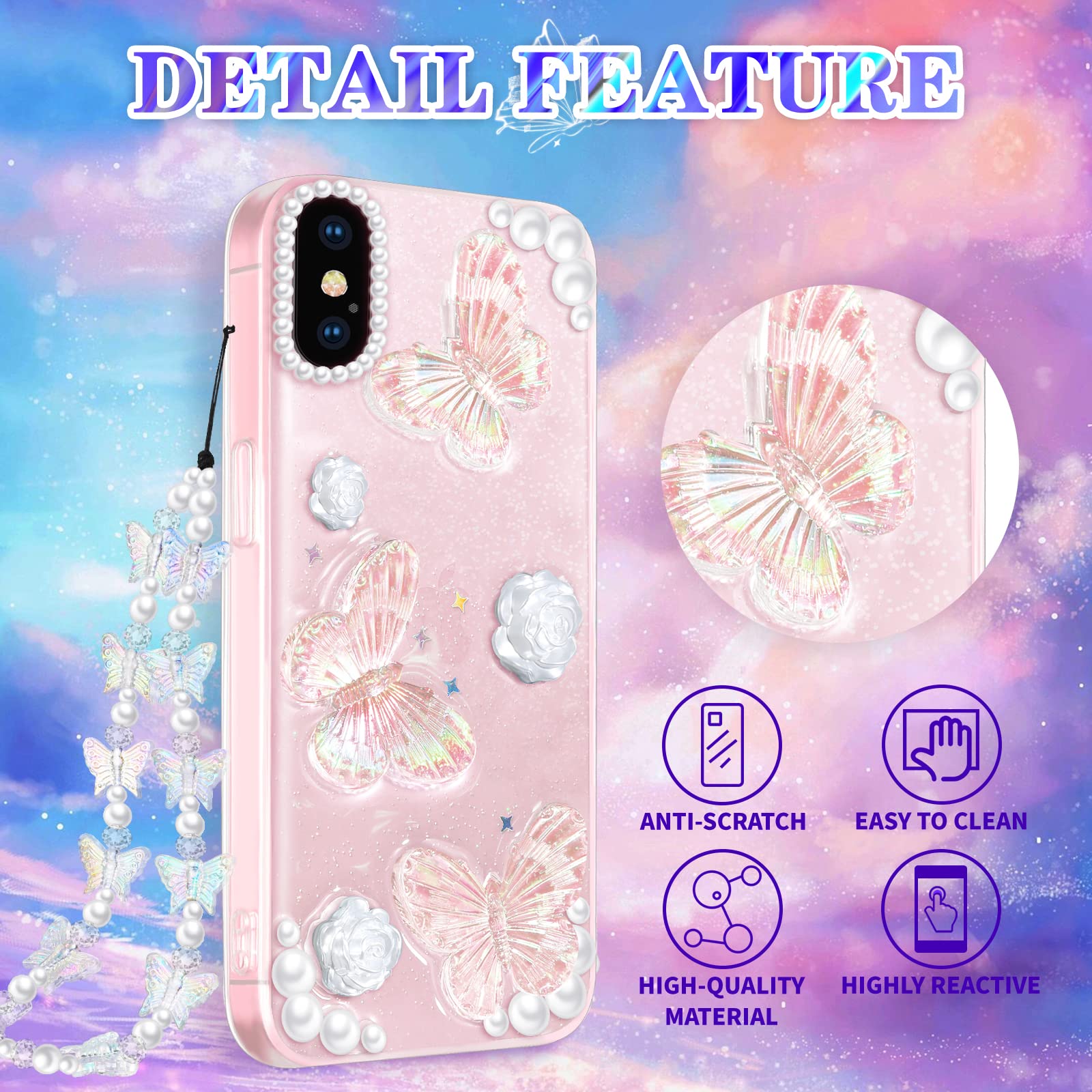 Goocrux (3In1 Case For Apple Iphone Xs Max Butterfly Glitter Handmade Sequin Sparkle Pretty For Women Girls Clear Design Crystal
