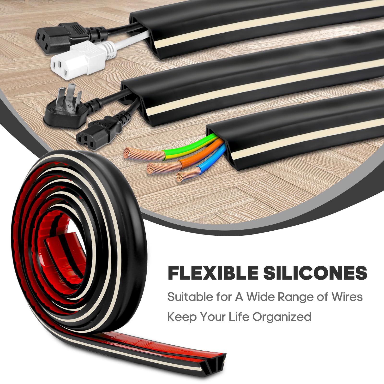 10Ft Black Floor Cord Cover, Self 2'' (W) X 0.6''(H), 3 Cord Channels, Adhesive Power Cable Protector, Silicone Cord Protector,
