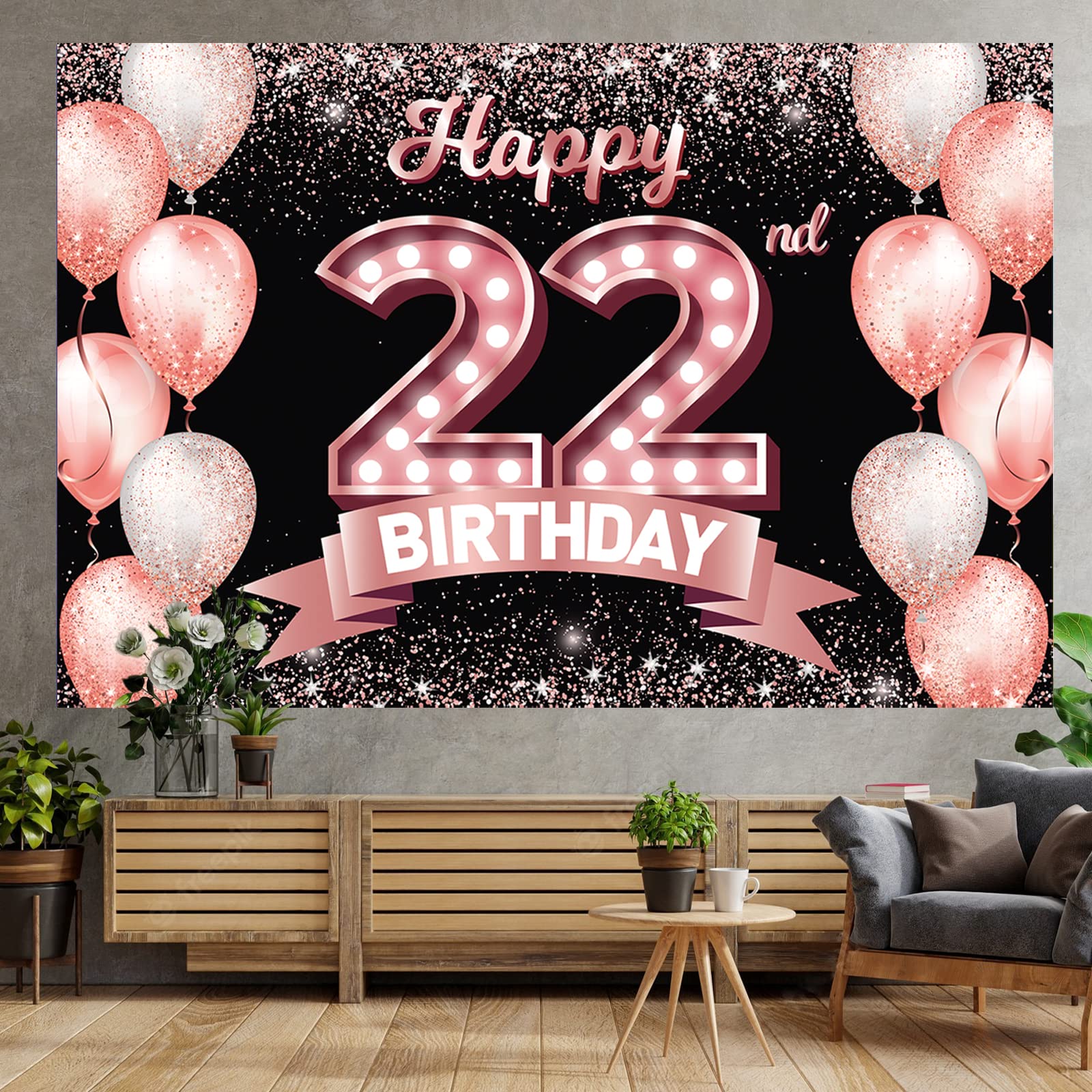 Happy 22Nd Birthday Rose Gold Banner Backdrop Cheers To 22 Years Old Confetti Balloons Theme Decor Decorations For Women 22 Year
