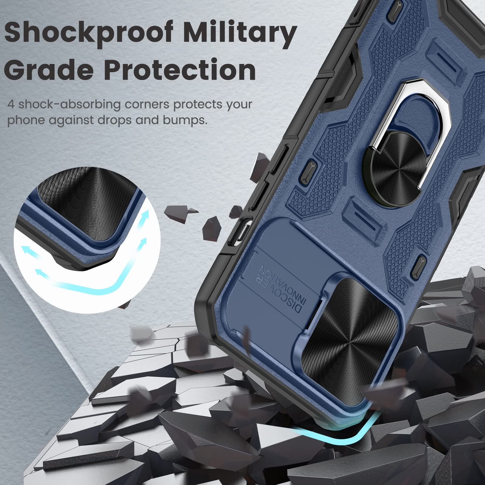 Caka Case For Iphone 13 Pro With Camera Cover & Kickstand, Iphone 13 Pro Case With Stand Ring Magnetic Magnet Slide Lens Protect