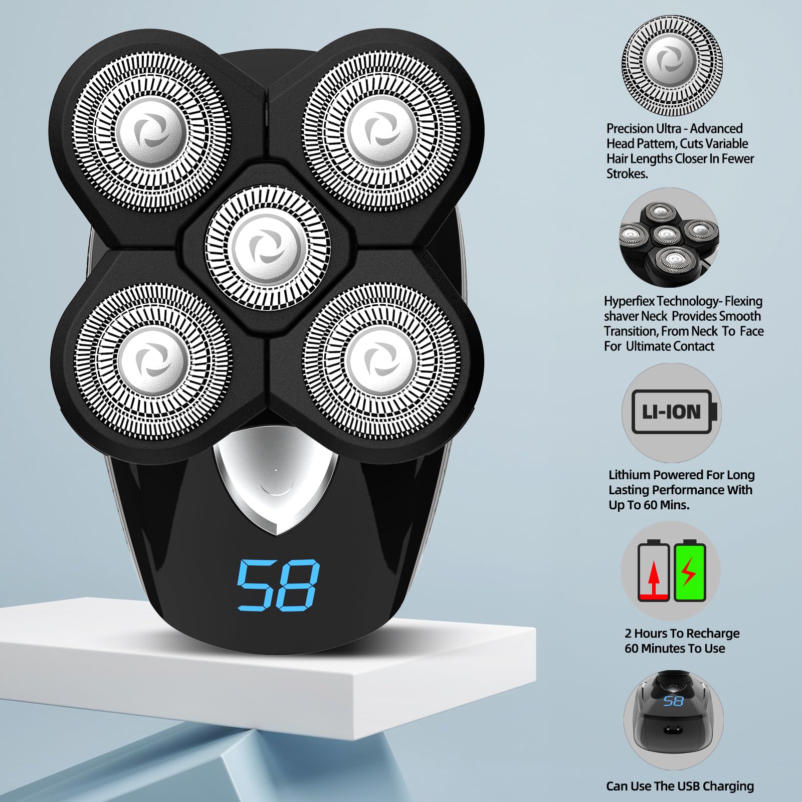 Phxcham Head Shavers For Bald Men, Rotary Waterproof Cordless Bald Electric Shavers, Dry Wet Shaving For Men (Black)