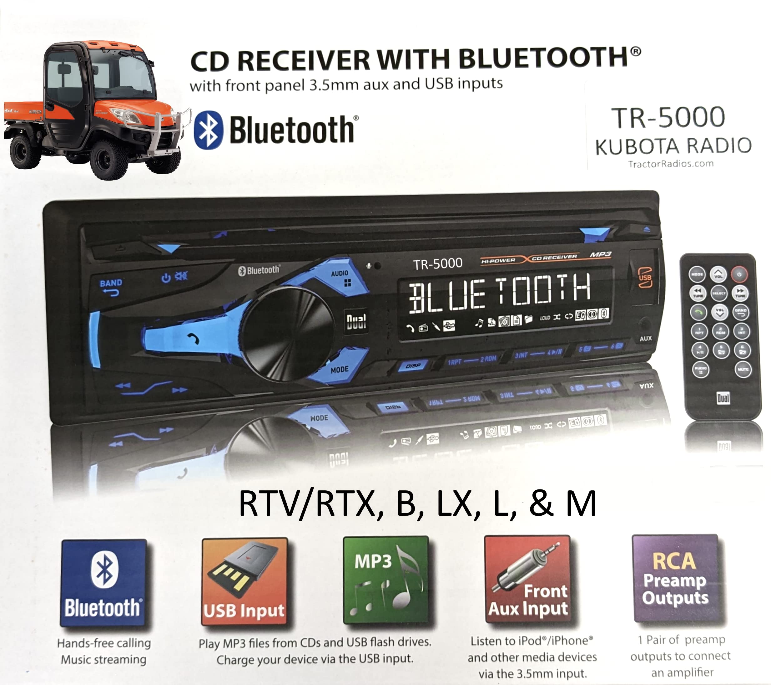 Kubota Tractor Radio Cd Player Am Fm Stereo Receiver Mp3 Usb Aux Bluetooth Remote Rtv 1100 Rtx 1100C Harness Plug B2650 Rtv Rtx
