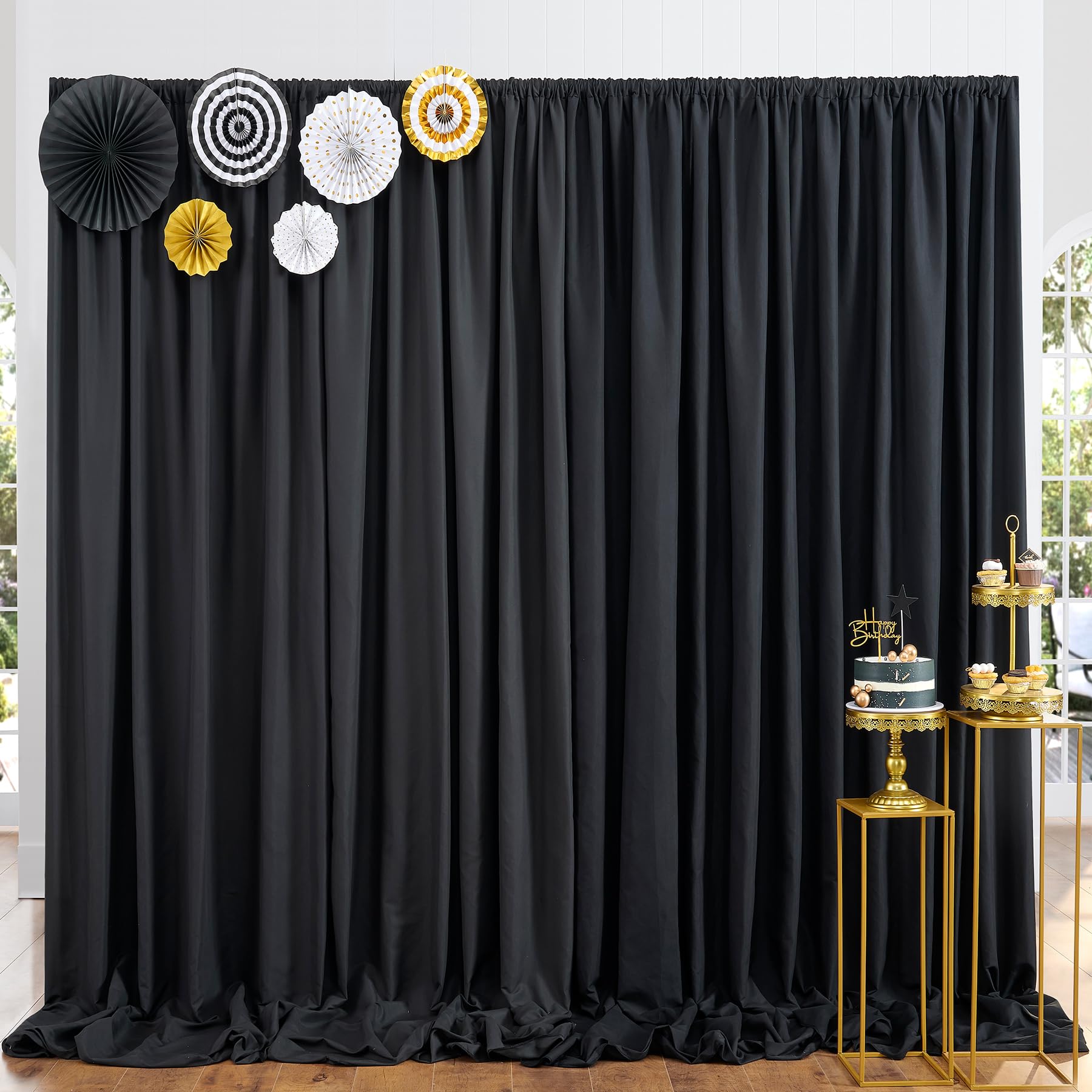 10Ft X 10Ft Black Backdrop Curtain Panels For Parties, Thick Polyester Wedding Backdrop Drapes For Birthday Photography Backgrou