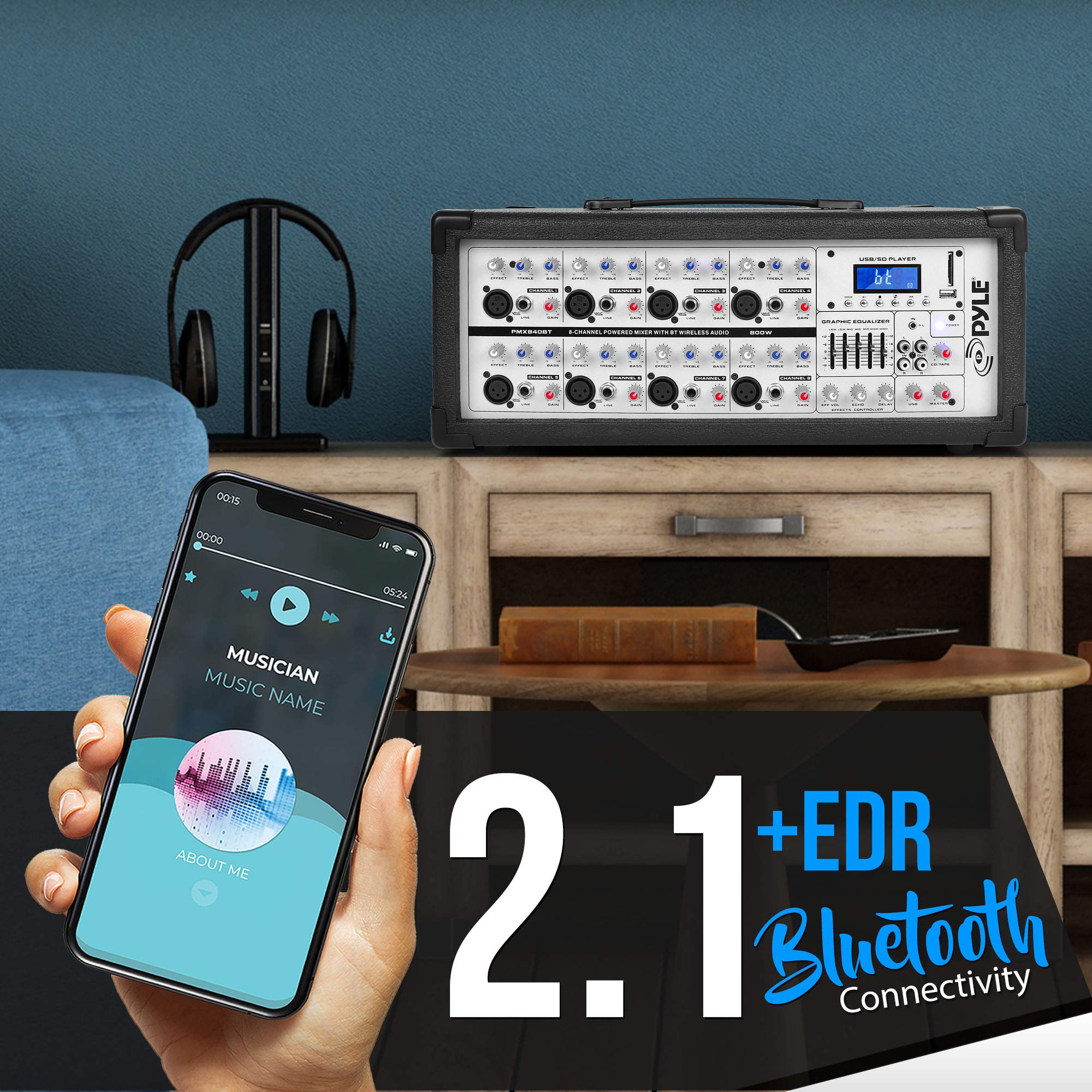 8 Ch. Bluetooth Stage Powered Mixer   800W Pro Audio Sound Mixer, Mp3/Usb/Sd Readers, Aux(3.5Mm) Input, Rca & 1/4'' Effects Loop