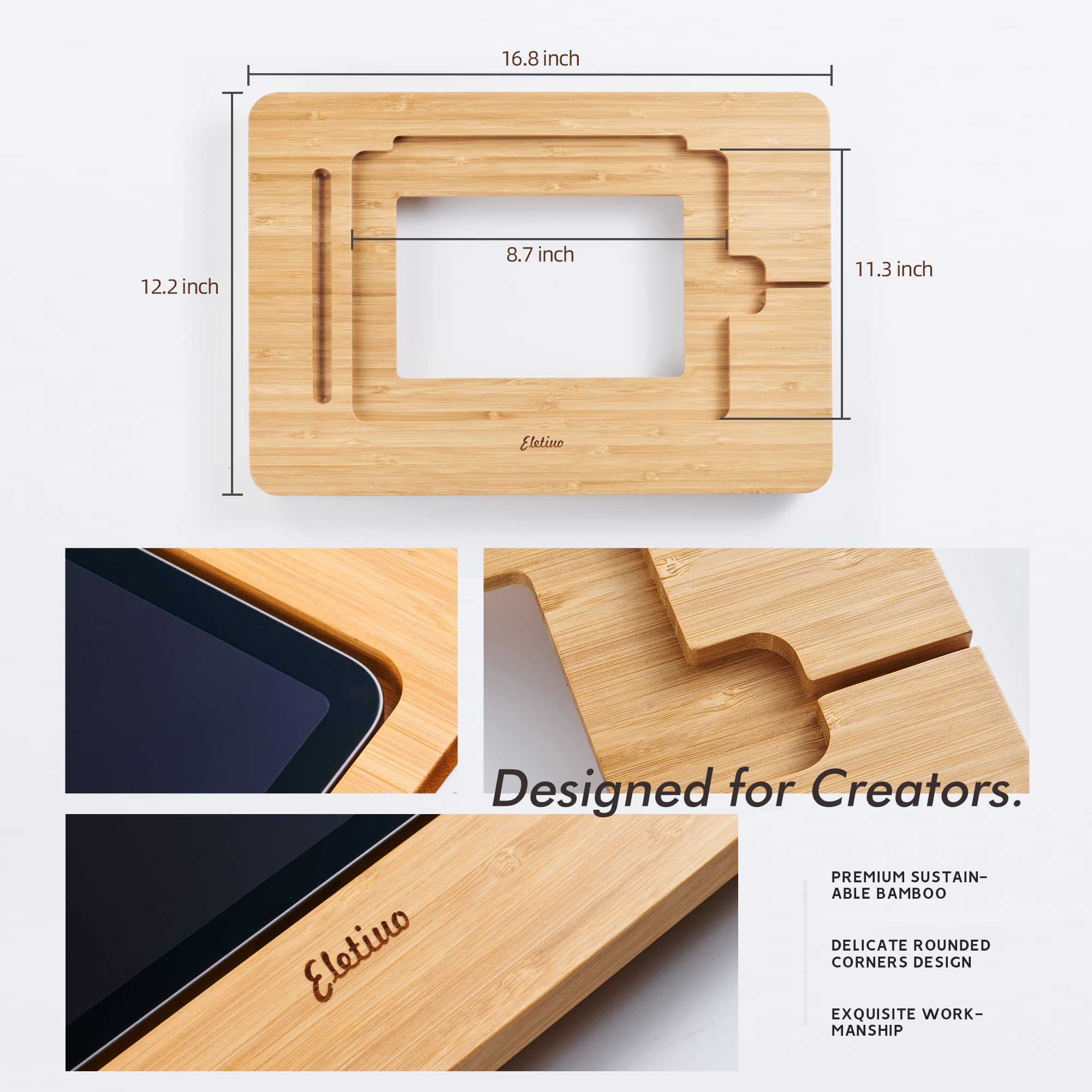 Eletiuo Adjustable Tablet Stand With Pencil&Charger Cable Slot,Bamboo Wooden Stand With Multiple Angles,Organizer Desktop Holder