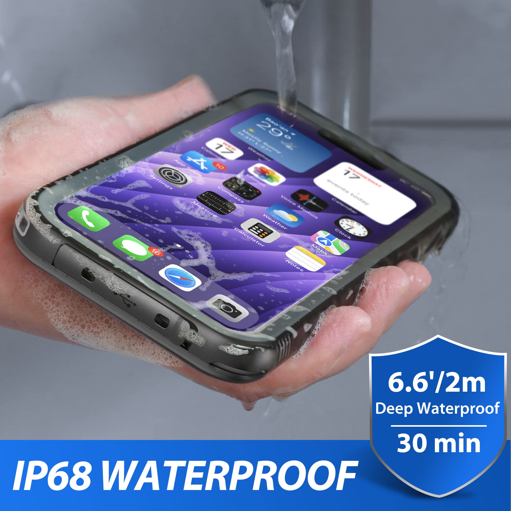 SPORTLINK iPhone 14 Pro Waterproof Shockproof Dustproof Full Body Case with Built-in Screen Protector Black Polycarbonate
