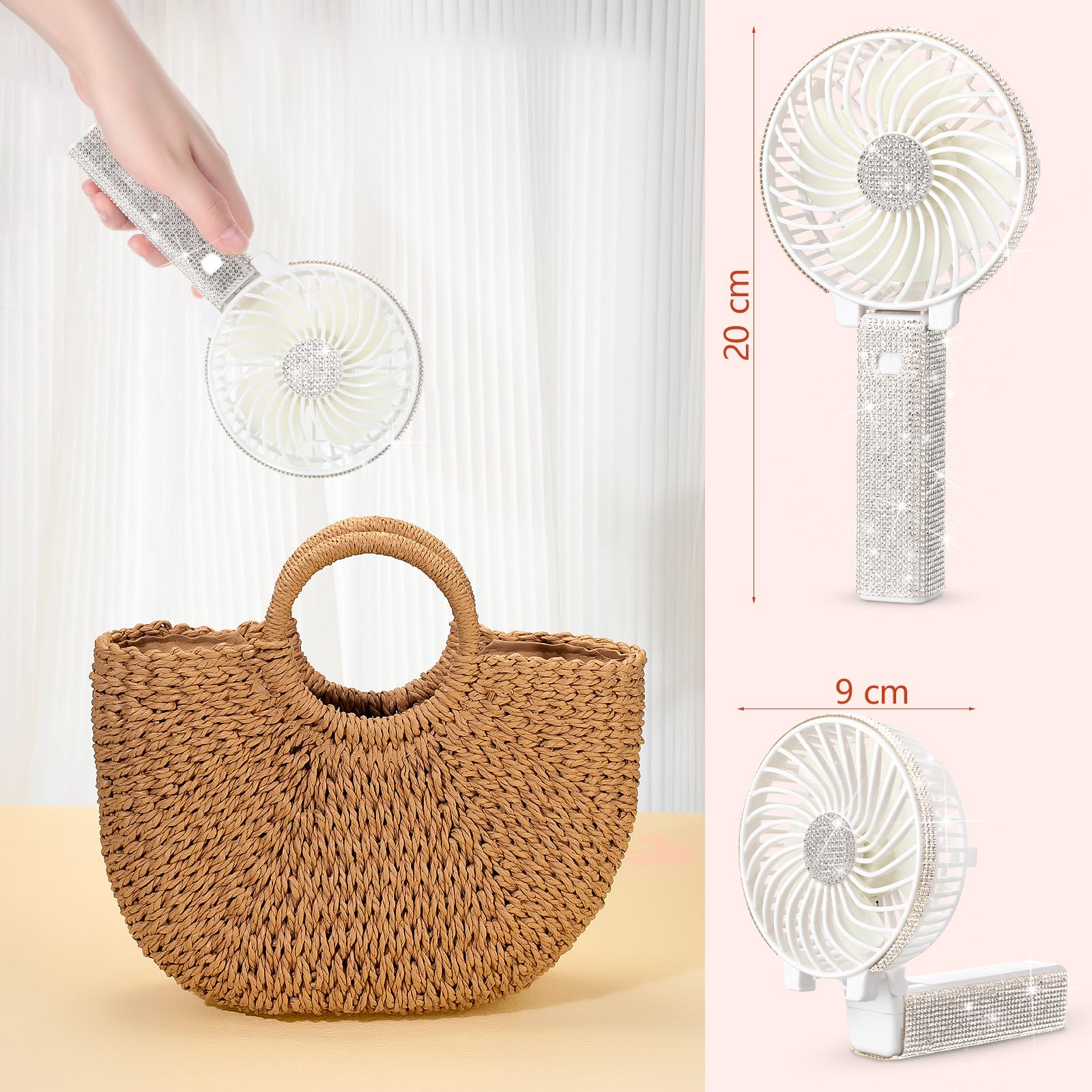 Mudder Crystal Bling Rhinestone Mini Handheld Fan Portable Usb Rechargeable Fan Battery Operated Small Folding Personal Fan For