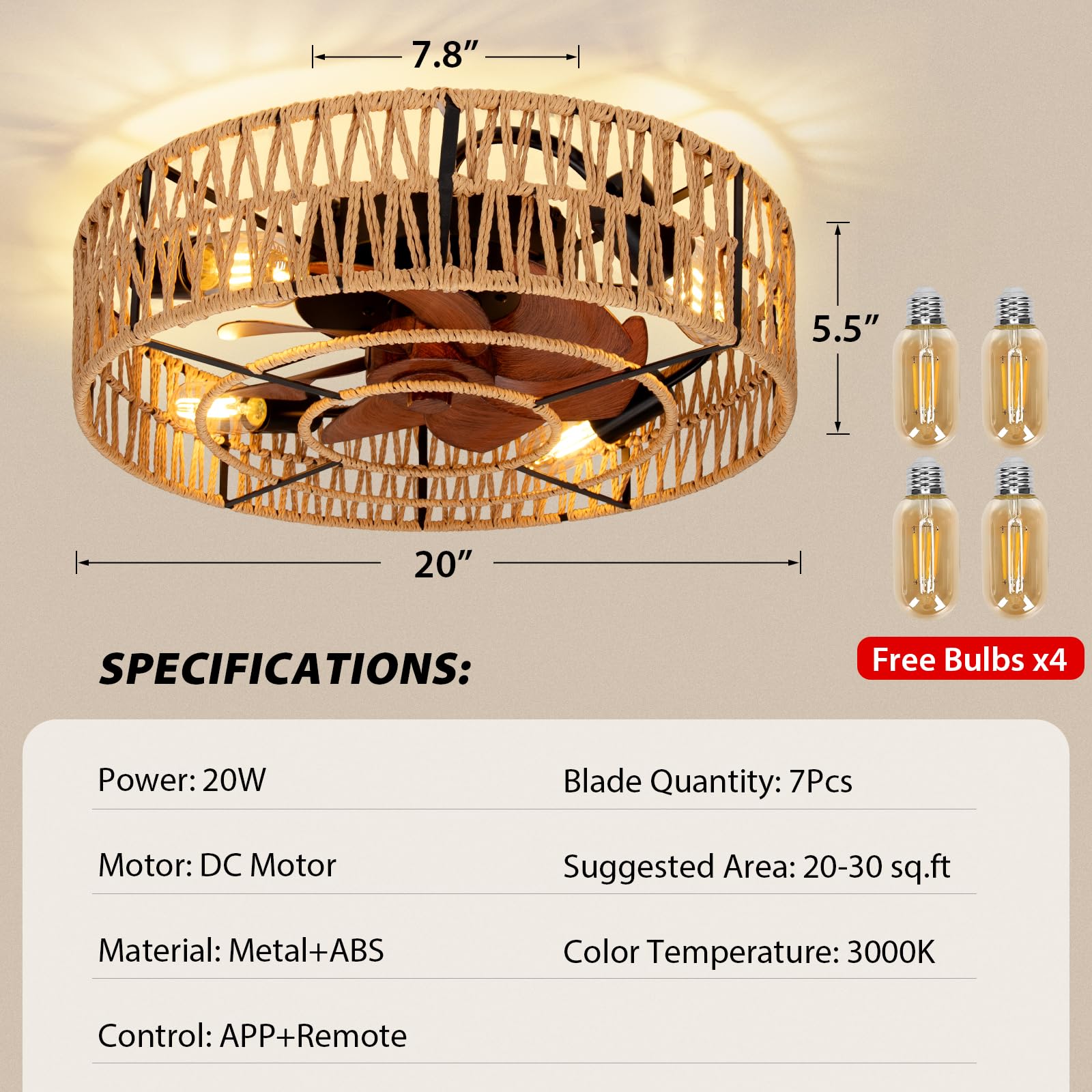 Vookea 2-In-1 Low Profile Ceiling Fan With Light, 20    Caged Boho Safety Design For Kids - 3000K, Smart App/Remote Control, Qui