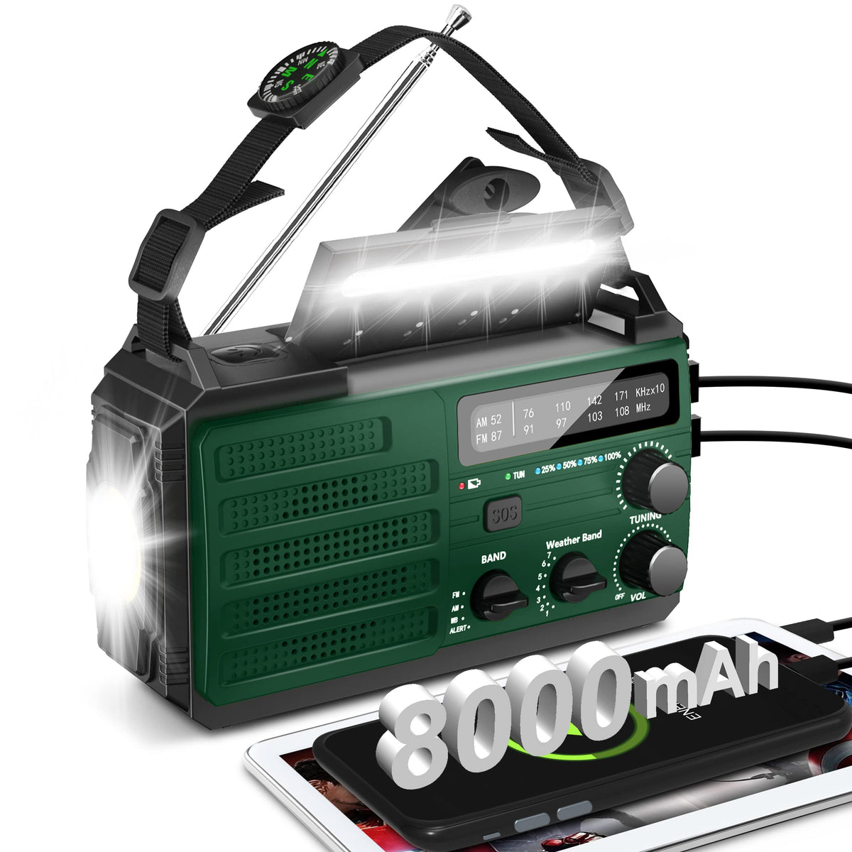 Emergency Radio, 8000Mah Hand Crank Radio, Am Fm Noaa Weather Alert Radio, Solar Radio, 3 Mode Flashlight, Reading Lamp, Sos Ala