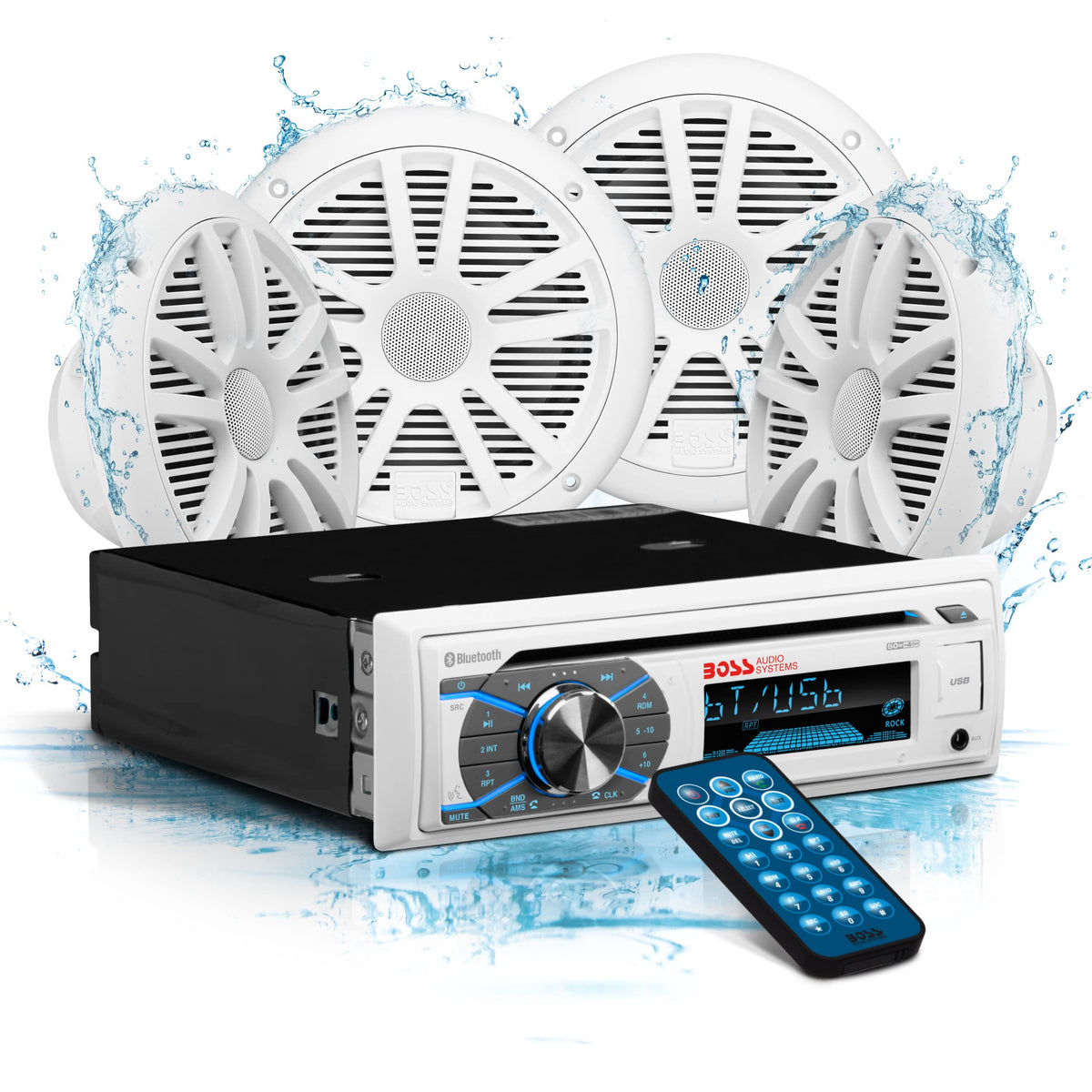 Boss Audio Systems Mck508Wb.64S Marine Boat Stereo Speaker Package - Single Din Radio Receiver Head Unit, Cd Player, Bluetooth, 