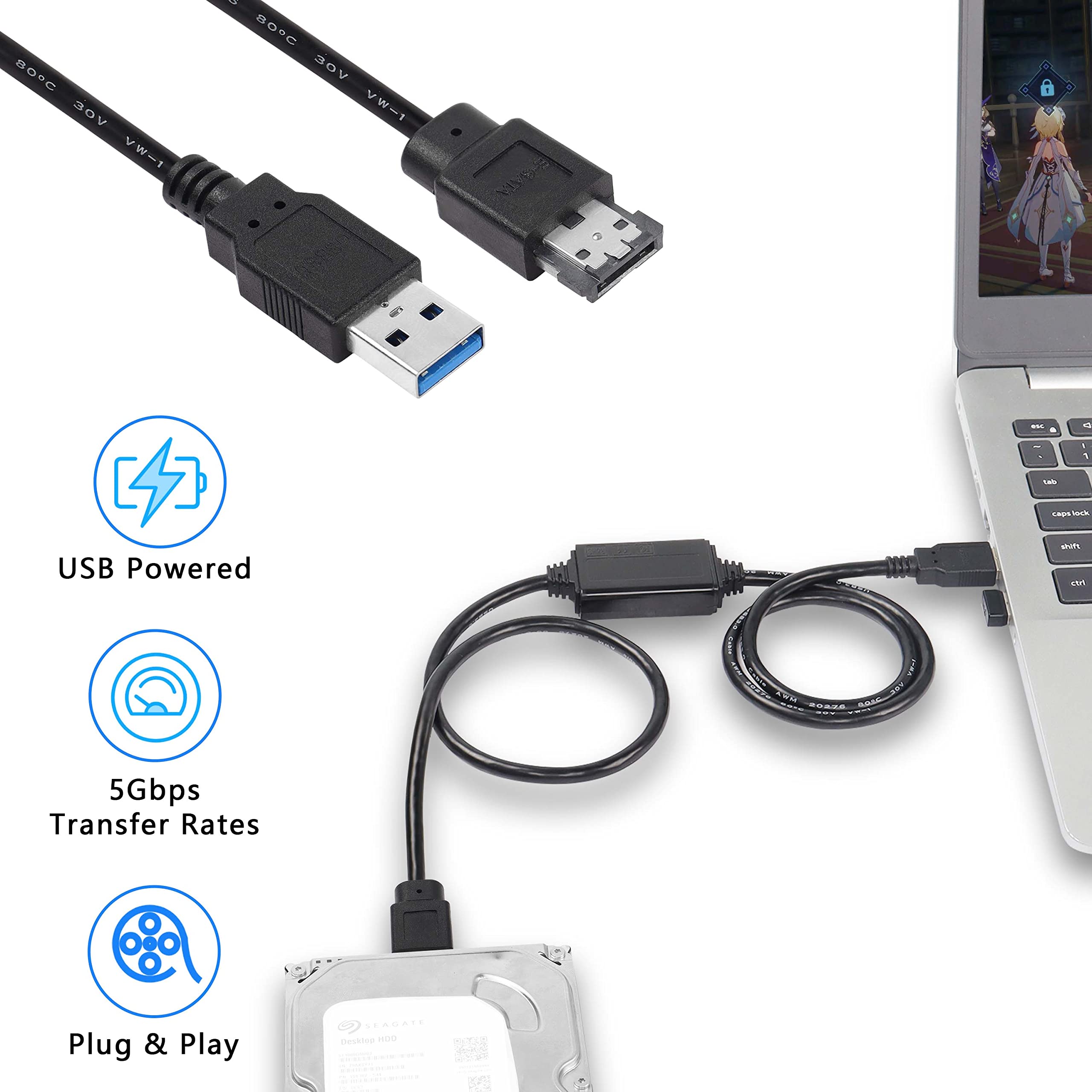 Xmsjsiy Usb To Esata Adapter Cable 5Gbps Usb 3.0 To Power Esata Converter Cable 5V For Hdd/Ssd/Odd Laptop Pc   3 Ft/1M