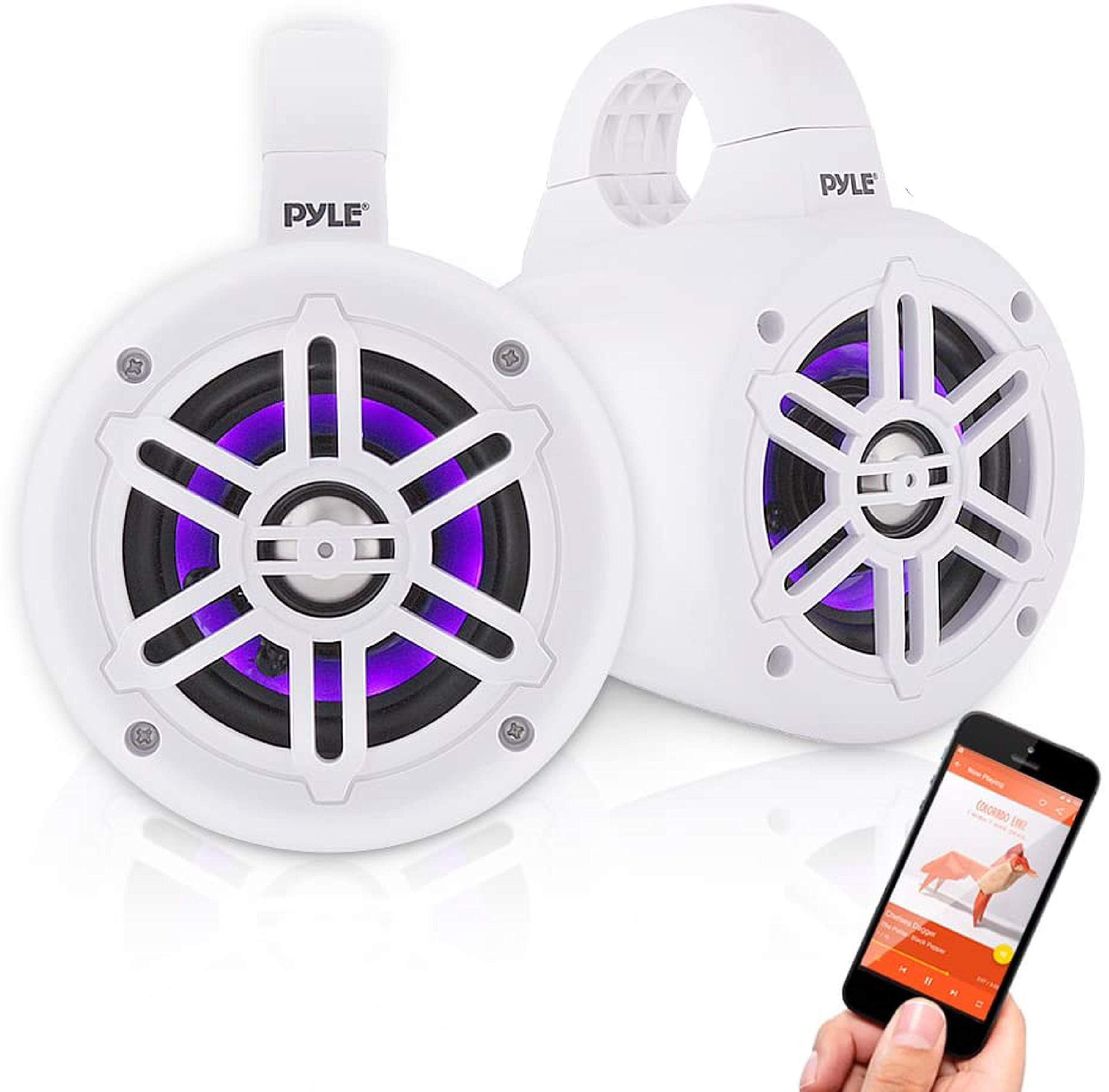 Pyle Waterproof Marine Wakeboard Tower Speakers - 4in Dual Subwoofer Speaker Set w/LED Lights & Bluetooth for Wireless Music Str