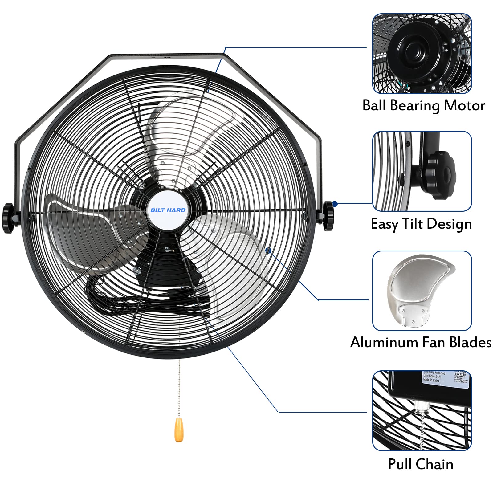 Bilt Hard 4600 Cfm 20 In. Industrial Wall Mount Fan, 3 Speeds High Velocity Wall Fan With Sealed Motor, Heavy Duty Metal Barn Fa
