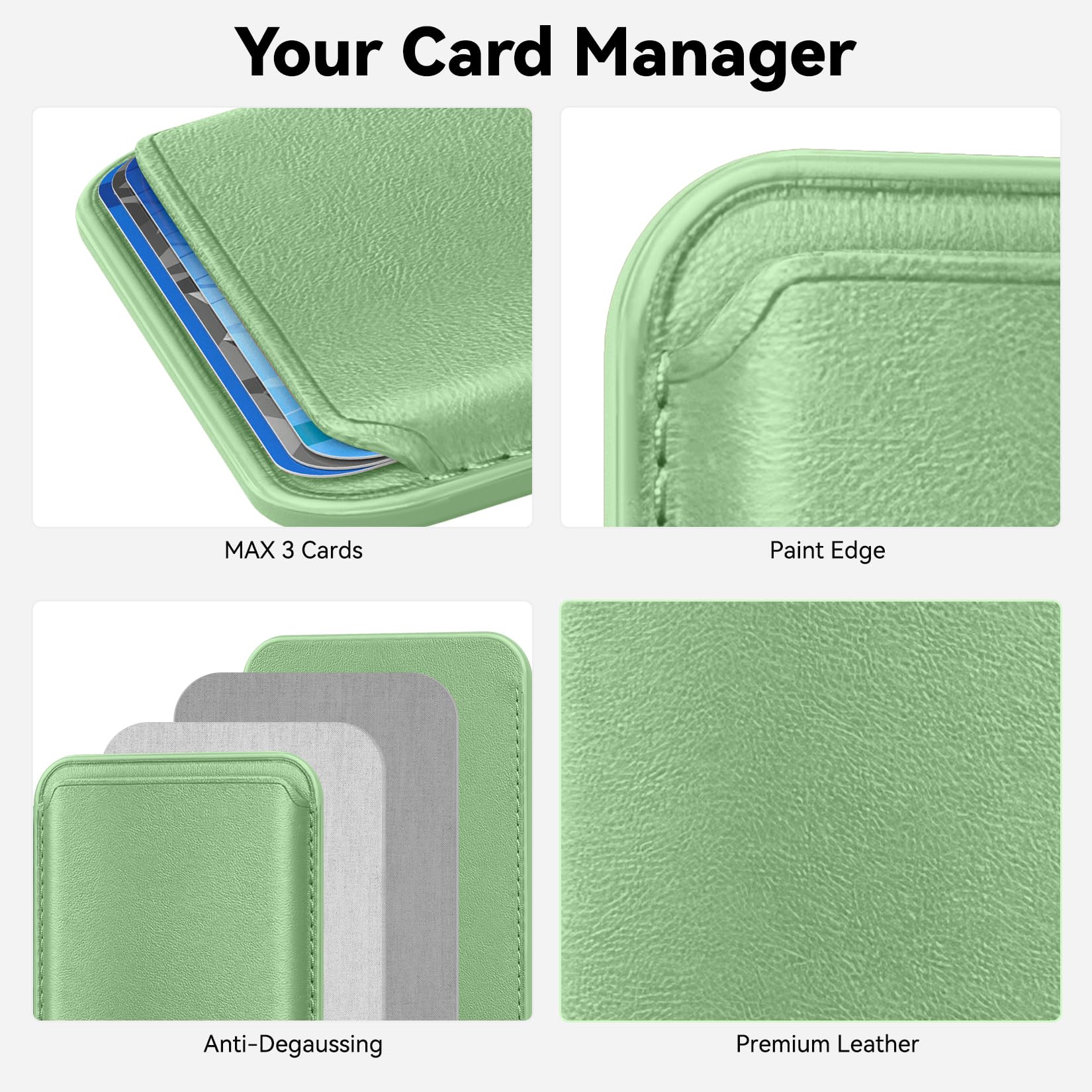 Amzone Stronger Magnetic Rfid Leather Mag Safe Card Holder For Iphone 15 Series, Light Green