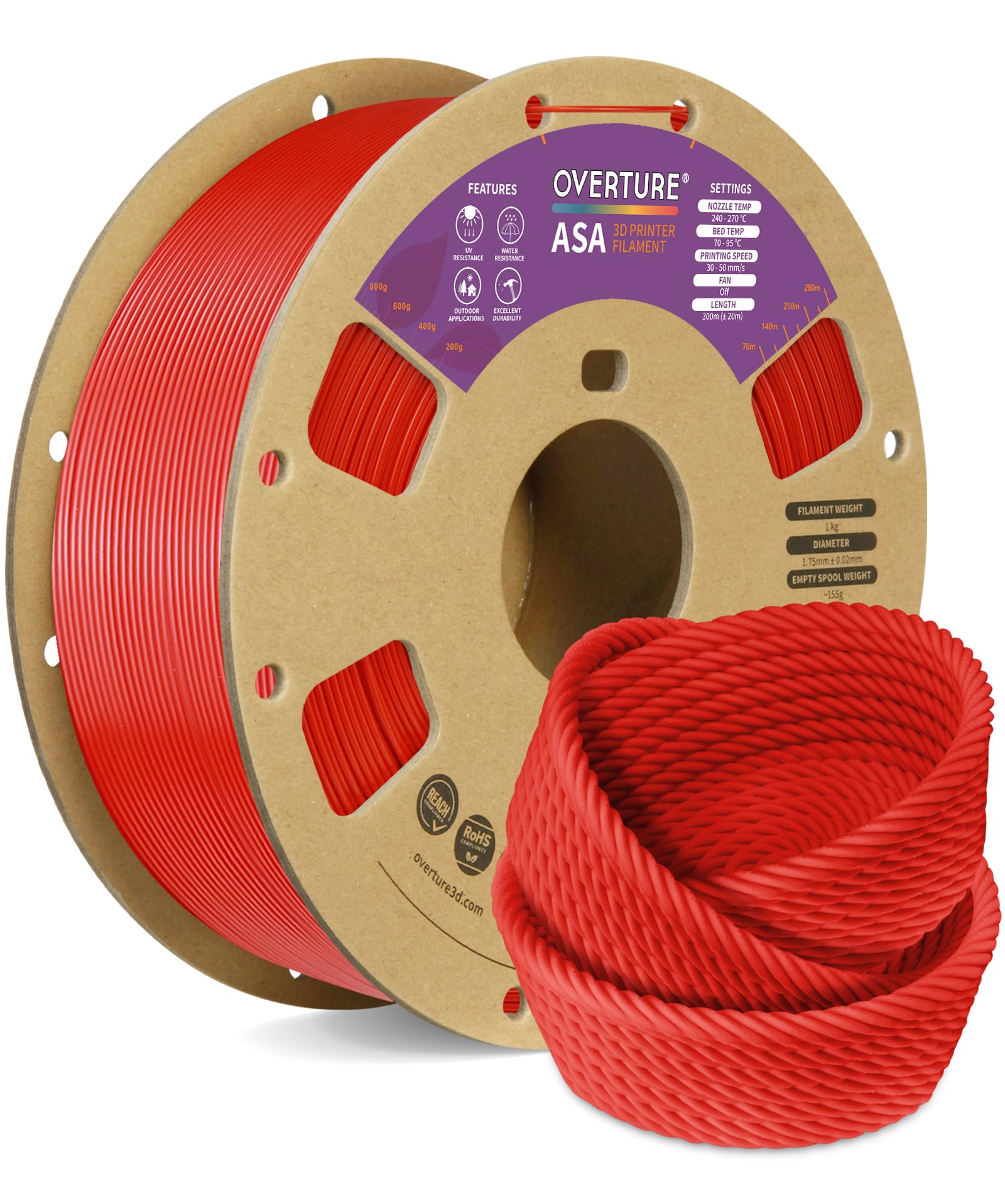 OVERTURE ASA Filament 1.75mm, 1kg Spool (2.2lbs) 3D Printer Filament, Premium Anti-UV, ASA Filament Perfect for Printing Outdoor