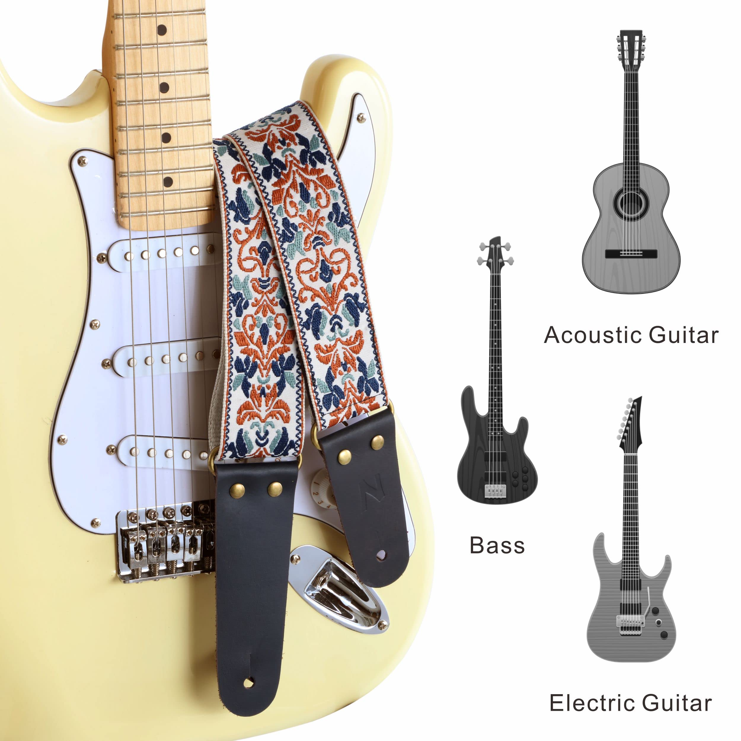 Nefelibata Guitar Strap, 2 Jacquard Embroidery Guitar Straps, Full Grain Leather Ends With Invisible Pocket, For Bass, Electric