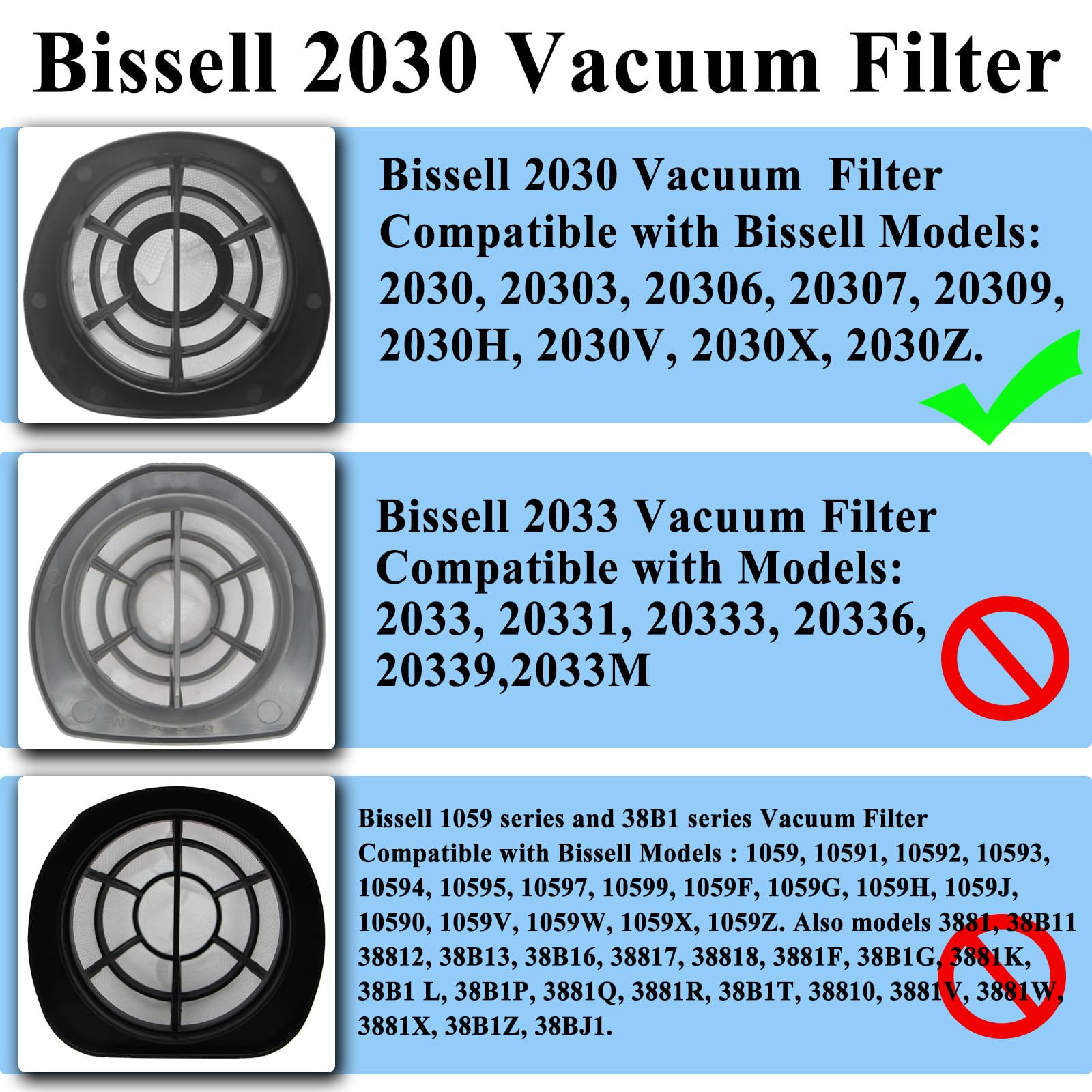 3 Pack 2030 Vacuum Filter & 6 Pack 2030 Foam Filter Compatible With Bissell Vacuum Cleaner Models 2030, 20303, 20306, 20307, 203