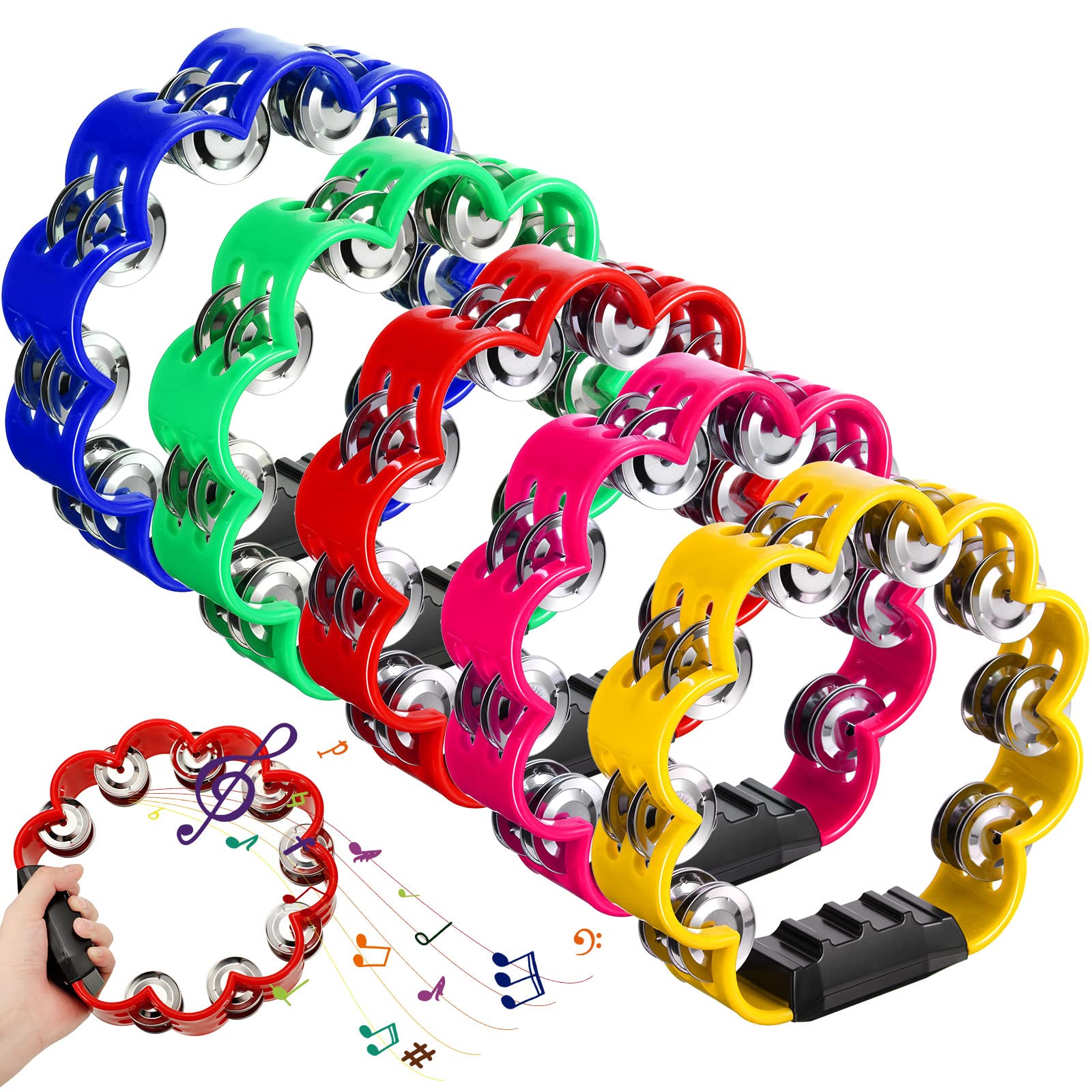 5 Pieces Petal Shaped Tambourine Plastic Percussion Tambourine Music Hand Bells for Musical Rhythm Instrument for Adults School 